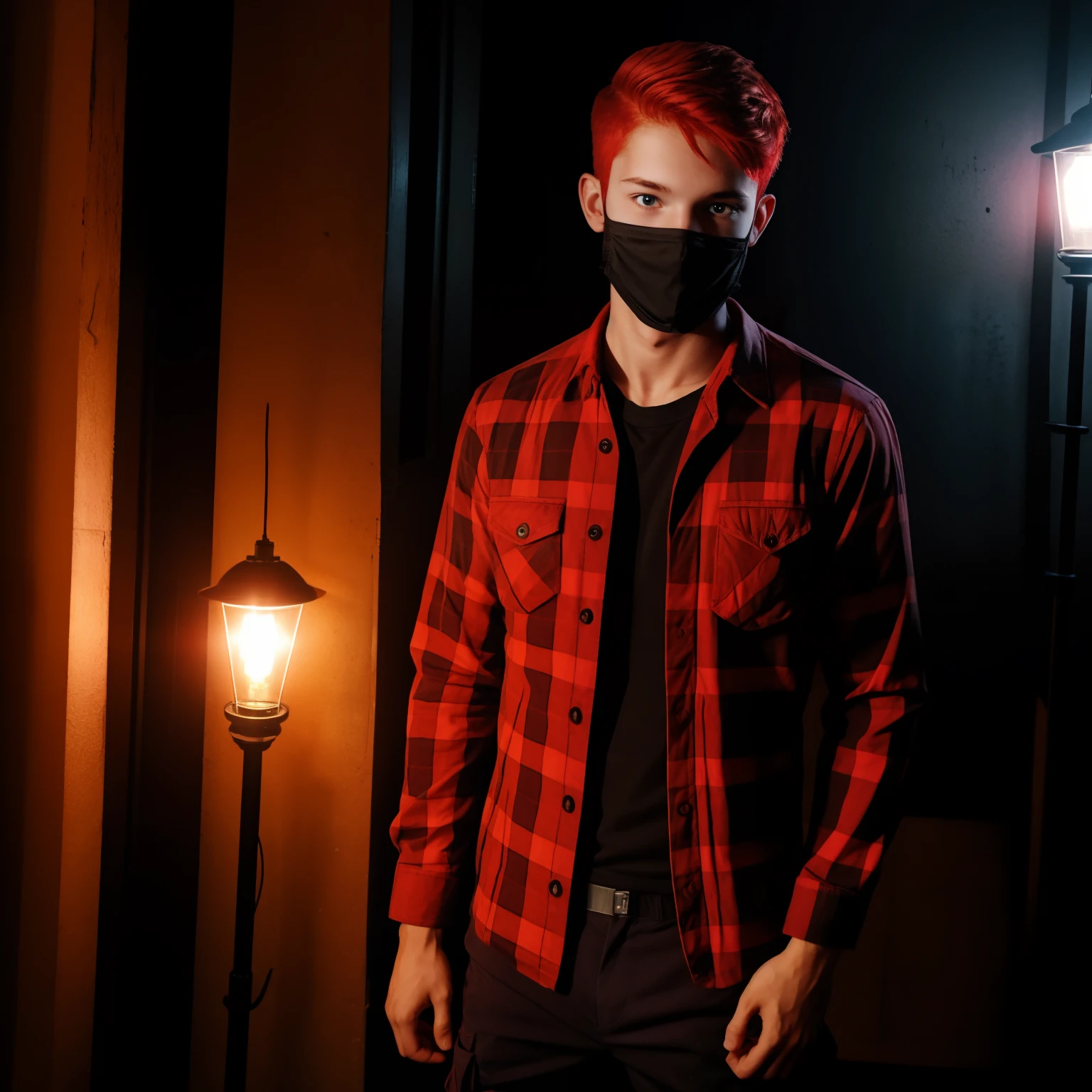 Teen male posing, cargo pants, skinny body, atmospheric, cute face, red hair, mask, dead inside, plaid shirt, red lighting, red eyes