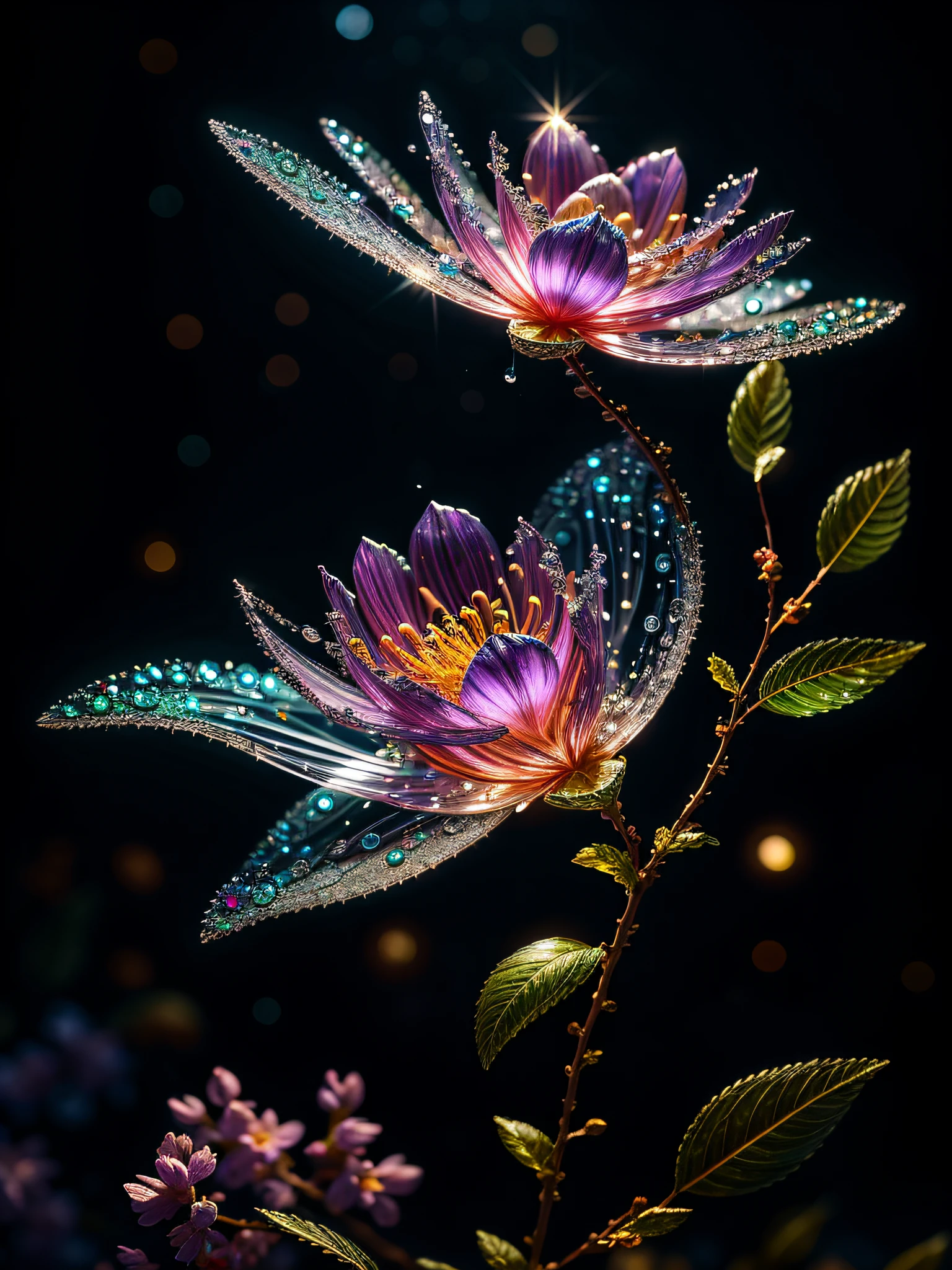 branch of delicate lilac flowers, super transparent, holy light, beautiful spectral light, petals glow, flashing, dark background, drops of transparent light, reflective light, bright, light streaming in, optics, portrait profile, sharp focus, magical, intricate, ultra realistic, fantasy, composition, light, trend on artstation, pearl, patronus cloud of silvery vapor, corrosive enveloping ray family, 8k, ureal ar 23v4 uplight