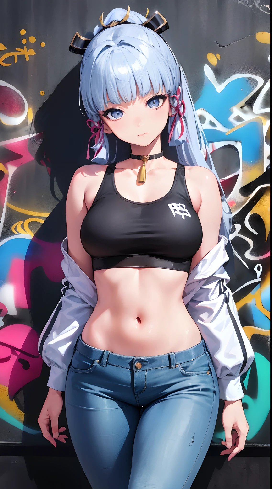 kamisato ayaka|genshin impact, master-piece, bestquality, 1girls,25 years old, proportional body, elongated legs, Beautiful, proportional., crop top, Long Jeans, mediuml breasts, ,bara, crop top, choker, (Graffiti:1.5), Splash with purple lightning pattern., arm behind back, against wall, View viewers from the front., Thigh strap, Head tilt, bored,(NSTDA.:1.2), (10, beste-Qualit, master-piece: 1.4), Beautiful red hair, ultra-high resolution, (lifelike, photorealistic portrait: 1.48), 20 age, Cute Girl, (Looking Through Crop Tops.), Famous Japanese actors, beautiful clear eyes, Head tilt, cowboy shot, from the front, looking at the audience, expressionless, Beautiful lake, Zeiss 150mm F/ 2.8 Hasselblad, Whole body, foot, Ultra-Wide Angle,