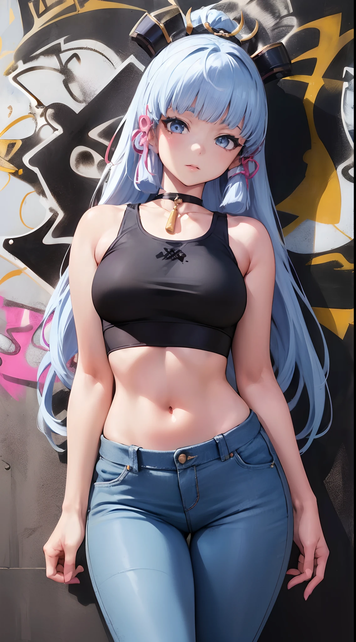 kamisato ayaka|genshin impact, master-piece, bestquality, 1girls,25 years old, proportional body, elongated legs, Beautiful, proportional., crop top, Long Jeans, mediuml breasts, ,bara, crop top, choker, (Graffiti:1.5), Splash with purple lightning pattern., arm behind back, against wall, View viewers from the front., Thigh strap, Head tilt, bored,(NSTDA.:1.2), (10, beste-Qualit, master-piece: 1.4), Beautiful red hair, ultra-high resolution, (lifelike, photorealistic portrait: 1.48), 20 age, Cute Girl, (Looking Through Crop Tops.), Famous Japanese actors, beautiful clear eyes, Head tilt, cowboy shot, from the front, looking at the audience, expressionless, Beautiful lake, Zeiss 150mm F/ 2.8 Hasselblad,  Whole body, foot, Ultra-Wide Angle,