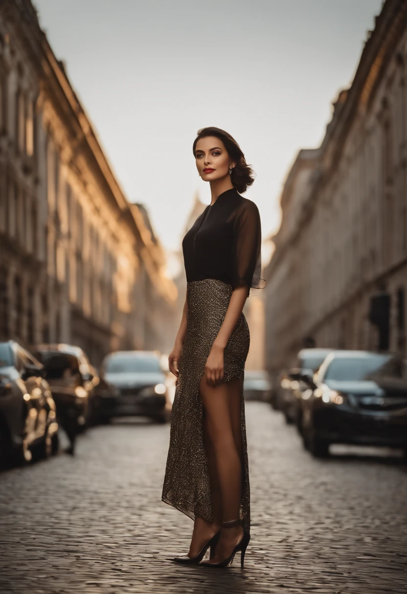 Create a realistic female image with a charming and delicate face, Wear elegant and modern clothes. She must have smiled naturally, Has impeccable black hair. Make up delicate, Highlight your facial features. Place her in a chic urban environment, Like busy streets in modern metropolises, City lights in the background, Reflected from her skin. Highlight clothing details, Should be modern and elegant, Maybe with a touch of international fashion. Make sure the image quality is as high as possible, Cinematic shadows and lighting create an atmosphere of elegance and sophistication.