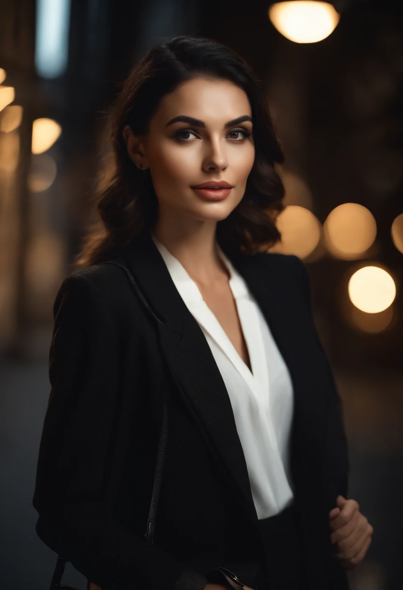 Create a realistic female image with a charming and delicate face, Wear elegant and modern clothes. She must have smiled naturally, Has impeccable black hair. Make up delicate, Highlight your facial features. Place her in a chic urban environment, Like busy streets in modern metropolises, City lights in the background, Reflected from her skin. Highlight clothing details, Should be modern and elegant, Maybe with a touch of international fashion. Make sure the image quality is as high as possible, Cinematic shadows and lighting create an atmosphere of elegance and sophistication.