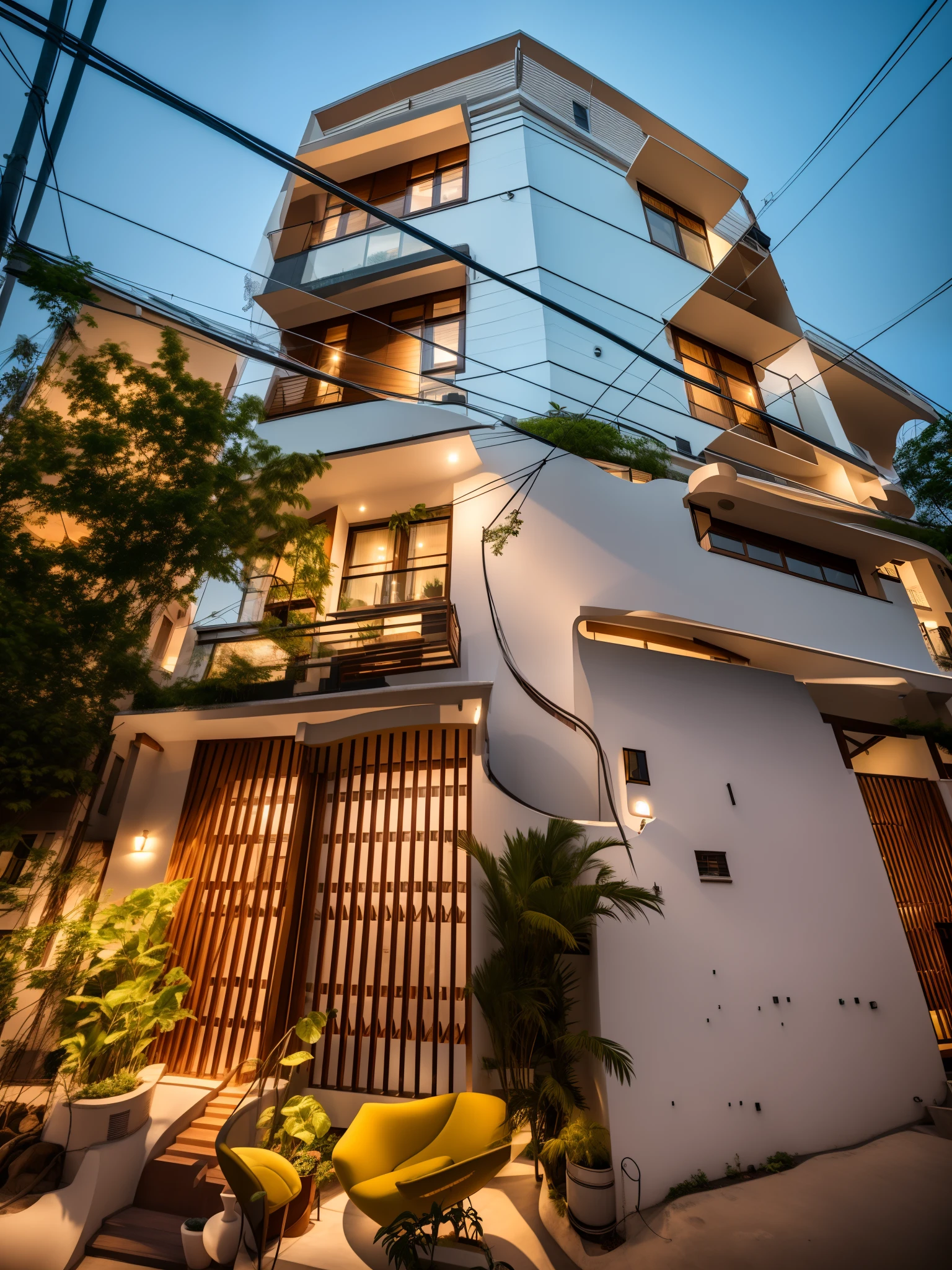 (Townhouse in city ,close houses and trees), daylight ( best quality) ((high solution)) ,(( photo realistic)) ,warm light, (sharp focus) front view of townhouse in style of modern,small house, Narrow area,VietNam,facade, curved arch,beautiful facade,curved windown,narrow and long ,two-storey,mutual colours, soft lighting, warm atmosphere,high Resolution, hyper detailed,4k ,vray render, octane render, hyper realistic, photography expert ,exterior design , professional photography, exterior photography,wide-angle shot , ultra detail , high Resolution , full frame, full body