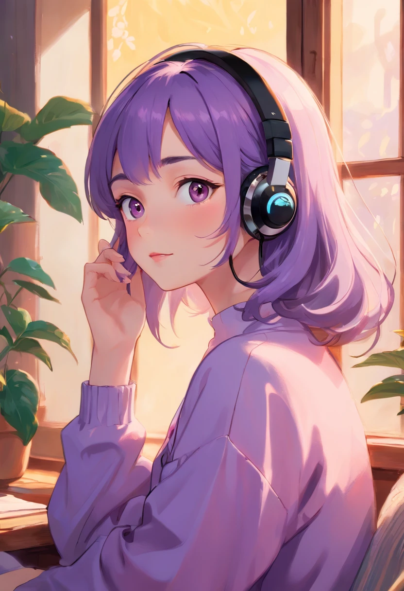 (best quality,4k,8k,highres,masterpiece:1.2),ultra-detailed,(realistic,photorealistic,photo-realistic:1.37),beautiful girl,portrait,headphones,lofi,purple room,illustration,popping colors,soft lighting,vibrant atmosphere,luscious locks,unique facial features,delicate skin,expressive eyes,rosy cheeks,lovely smile,relaxing vibes,cozy setting,artistic background,stylish outfit,casually posed,subtle shadows,retro aesthetic,retro vibes,music lover,deep in thought,peaceful ambiance,dreamy atmosphere,intense gaze,detailed textures,faded vintage look,serene expression,graceful posture,captivating aura,ethereal beauty,creative energy,elegant charm,artistic creativity,soft focus effect,feminine grace,purple color scheme,artistic flair,thoughtful gaze,gentle appearance,masterful brushstrokes,lively personality,calm and composed,vintage-inspired artwork,vibrant music,soothing melodies,passionate soul,positive vibes,lively imagination,imaginative artwork,fashionable style,playful elements,inspirational music,inspiring aura,serenity and peace,paintbrush strokes,romantic vibes.