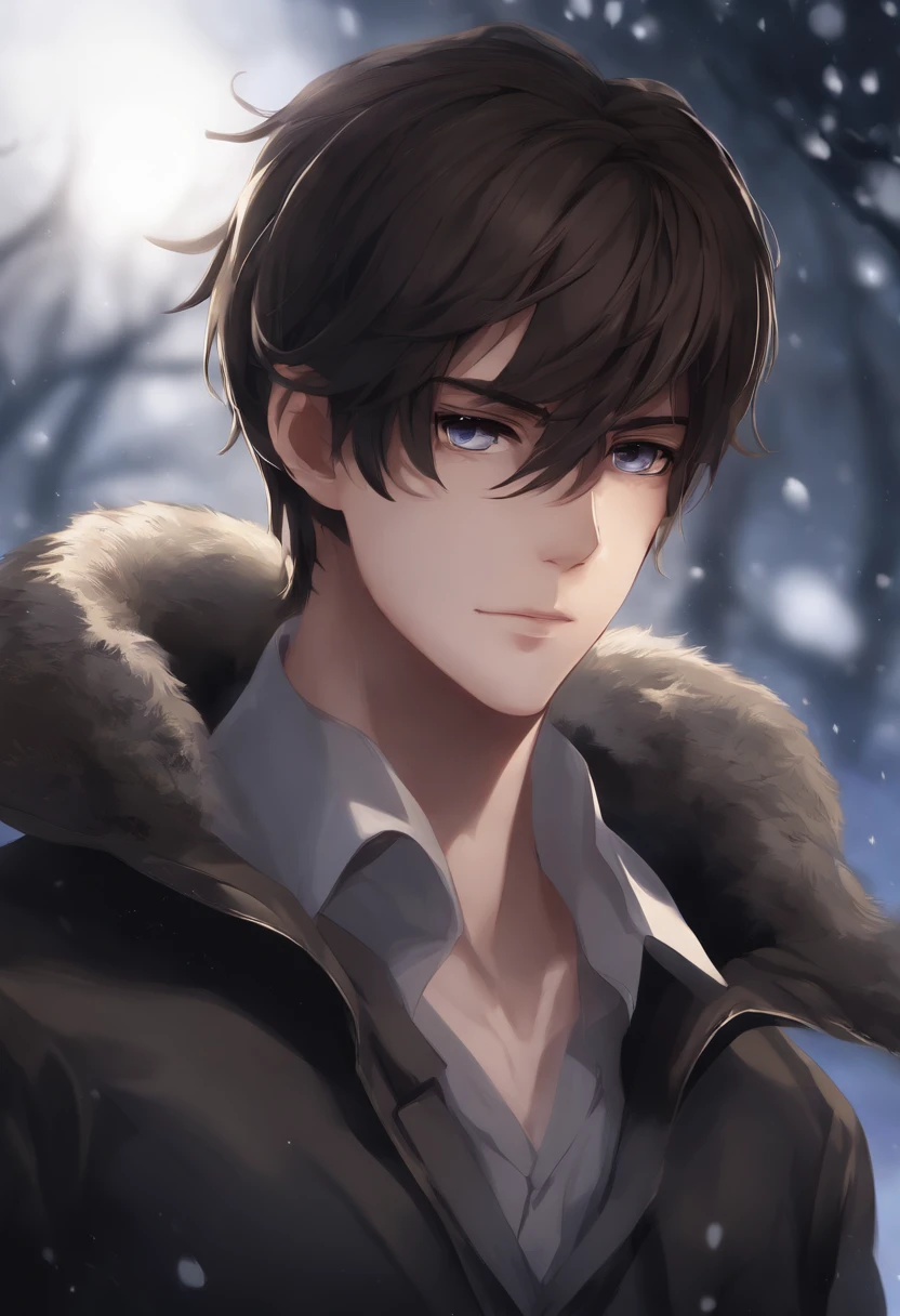 anime character, portrait gapmoe yandere grimdark, gapmoe yandere grimdark, gapmoe yandere, handsome guy in demon slayer art, portrait of eren yeager, no beard, shoulder-length dark brown hair, hair tied back, bangs are quite long, dark brown eyes, big black scarf, Black Dark blue American military uniform, tired eyes, lifeless face, 5'7 height, anime boy, white skin, Male, Dark background, snow, looking at viewer, 8k, high res, masterpiece, ultrasharp, young
