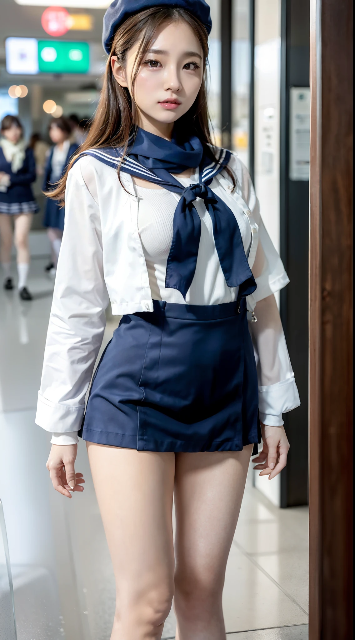 mix4, (16 K, Raw photography, Top image quality, masterpiece: 1.45), (realisitic, Photorealsitic: 1.37), one girls, 7.5, etc、No skin exposure due to clothing、well maintained、Random hairstyle、Standing figure,Daylight hours、a very cute,, profetional lighting, photon maping、physically-based renderingt, Gradient dark brown hair,Crisp backgrounds and high resolution, a handsome, Well-groomed and beautiful eyes、Large double eyelids、Very shiny、girl with, (((student clothes、Long sleeve sailor suit worn by Japan schoolgirl、Navy blue sailor color、scarf、a miniskirt, Small beret、high socks、lowfers))), Top Quality Photos, hight resolution, 1080p, (clearface), (Detailed face description), (Detailed hand description), (masterpiece), (Exquisite CG)、extreme light and shadows、dishevled hair、master work、abundant detail、(Fine facial features)、(top quality photo)、(masuter piece)、(A detailed eye)、Look in front of you、Fine clavicle、((Slender big))、(((Japan schoolgirl in sailor suit)))、((Beautiful face like an idol))、((Airport lobby、Before check-in、Airplane seen from the window))、(((neat and cute)))、耳Nipple Ring、A big smile、Drawing the whole body from the knees、Do not draw nasolabial folds、(((Cute sailor suit)))、(Big breasts that hang down big:1.2)、Big buttocks with tension、Two arms and two legs、(((from the front side:0.3)))、bare hand、No mask、