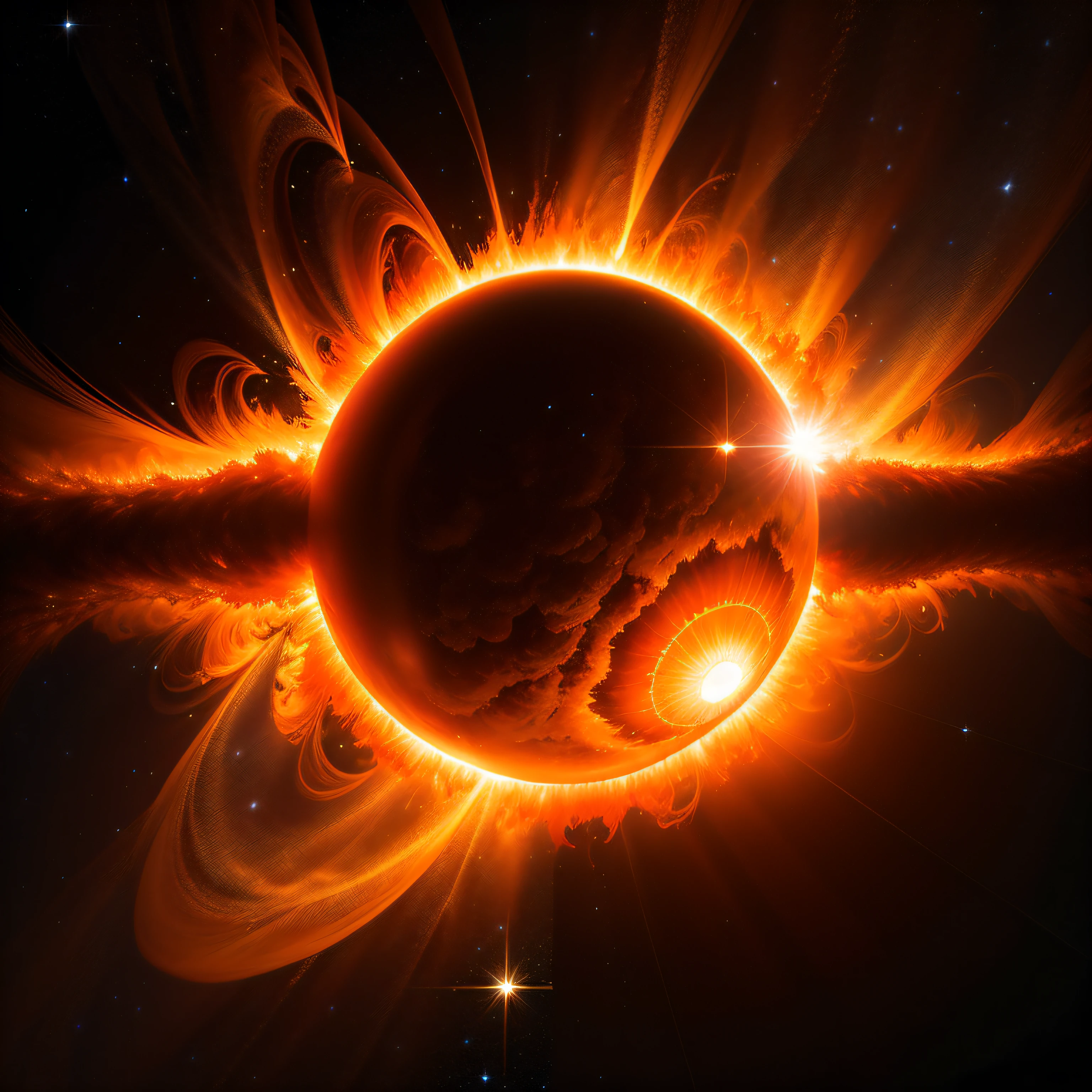 Solar flare explosion, Huge solar surface, The sun is especially big, Particularly clear, Solar corona , Beautiful, spectacular. Spectacular panorama rendered in 3D, realisitic、Photoreal、Solar plasma、Images close to the surface of the Sun