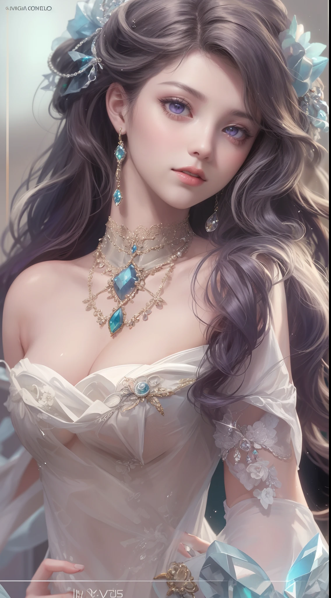 tmasterpiece, Highest high resolution，High-quality content, 8K quality photos with excellent detail, Perfect for presenting dynamic busts of noble maidens, Delicate curves, Bend hair to create gorgeous and intricate fabric textures, Plain purple eyes, Delicate floral decoration, Sparkling crystal jewelry, Mysterious and dreamy atmosphere，Highly focused and subtle details，upscaled。
