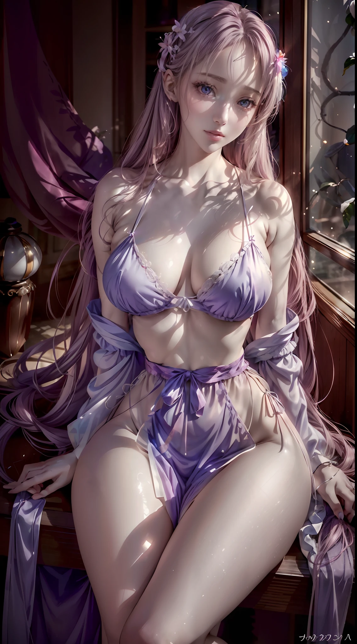 (Photorealistic) woman with (Long, Flowing) lavender hair, (Fair, porcelain) skin, Sit leisurely in the café, (relaxing), Sip a cup of coffee. She is wearing a (semi transparent, sheer) White blouse, adorned with (subtle, Delicate) Red bracelet. The café was packed (soft, warm) Lighting that creates a relaxing atmosphere. (Vivid colors) Embrace the scene, Create an (Dreamlike, Ethereal) ambiance.