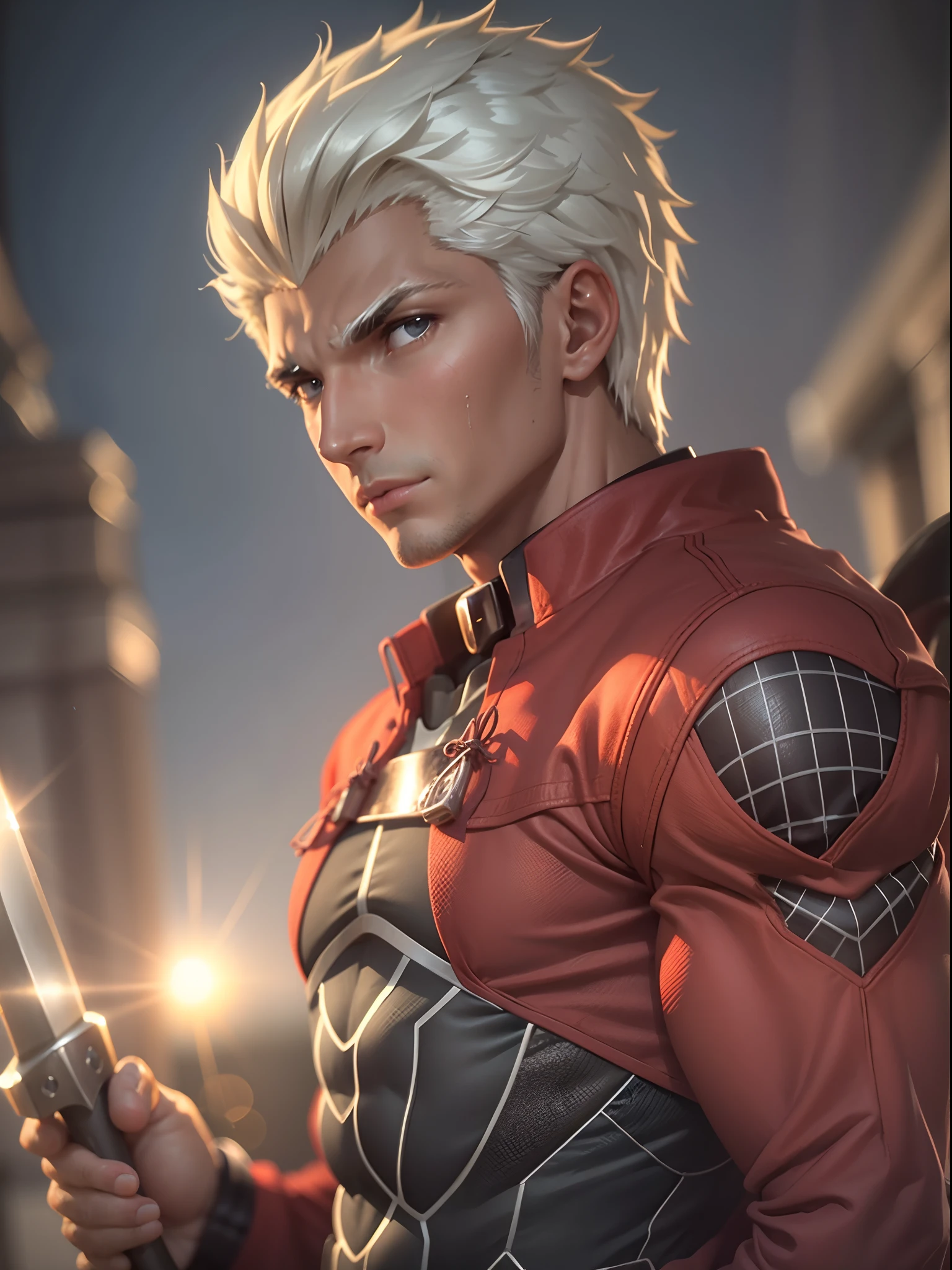(8K、top-quality、masterpiece:1.2)、(Detailed eyes、Light in the eyes、realisitic、Photorealsitic:1.37)、ultra-detailliert、top-quality、超A high resolution、Professonal lighting、photon maping、Radio City、physically-based renderingt、Cinematographic lighting、depth of fields、foco nítido、Sun'rays、excellent composition、(bokeh dof:1.2) ,Emiya_Shiro,Holding,arma,Sword,dual-wielding,Dark skin,ultra-detailliert,(hight resolution:1.1),Best Quality,(masutepiece:1.3),Cinematic lighting, 2With the sword of the book、2Knife flow、((a red jacket))a red jacket、White hair、((short-haired))