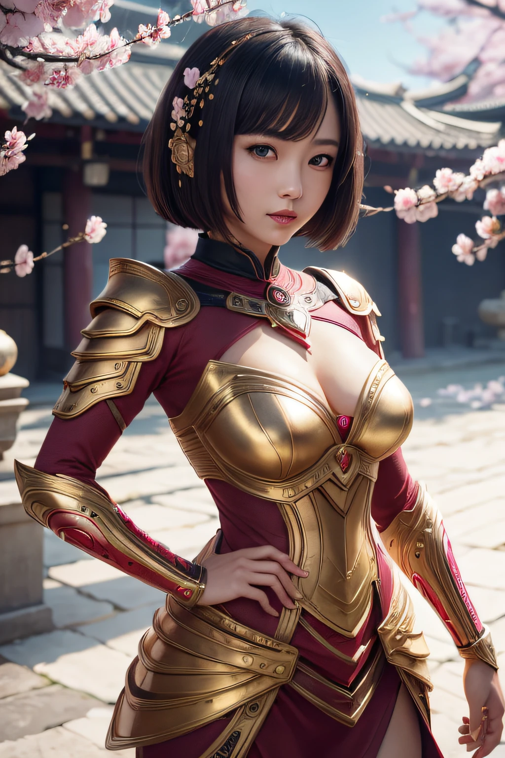 beautiful japanese young woman, wearing ninja armor made of gold, thick symmetrical features, very short hair, background is cherry blossoms, pink aura, red lips, octane render,