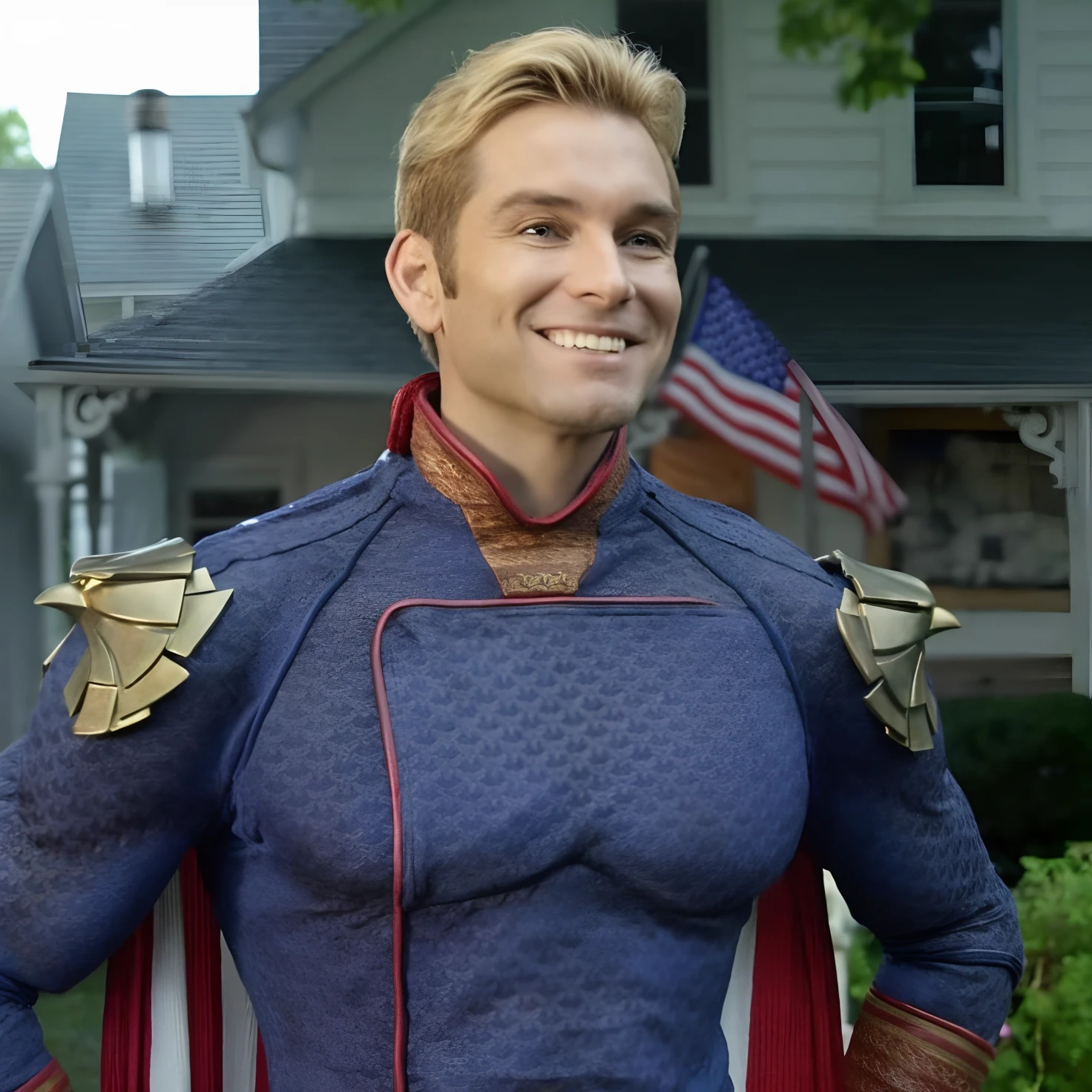 NSFW un primer plano de un hombre semidesnudo, masturbating with a surprised expression , Homelander de los chicos, Homelander, Superhero from the TV show The Boys, Cory Chase como un atlante., Su capa es la bandera estadounidense, Saul Goodman as Captain America, Justin Hartley como Superman, Chris Pratt como Super Mario., Donald Trump as Captain America