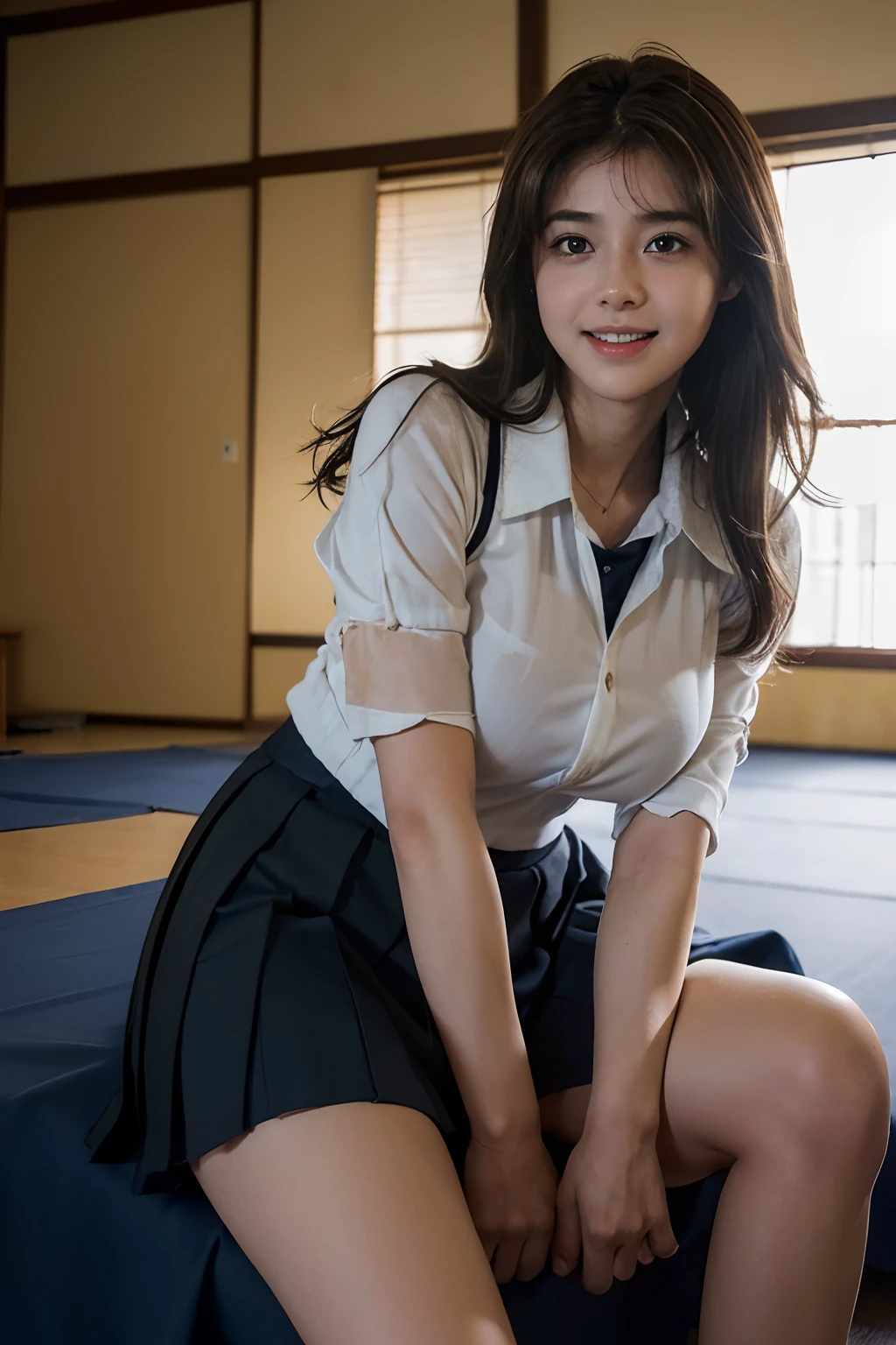((Beautiful girl in Japan:1.3)) ((School Uniforms:1.4)) ((pantyshot:1.5)) ((highschool)),((Dark blue skirt:1.3)) ((in class room:1.3)) ((Thin_fabric:1.4)) ((Random sexy poses:1.3)) ((full of sweat:1.5))((with a flushed face:1.4)) ((Big breasts:1.4)) ((close-up:1.2)) Best Quality,masutepiece,超A high resolution,(Photorealistic:1.4),Raw photo,(Authentic skin texture:1.3),(Film grain:1.3),the panorama,Character Portrait,Very Wide Shot,Narrow waist,Cowboy Shot,(In the Dark, deepshadow, lowkey, cold light,) Night,(()),Streaming Tears,,Dust,Tindall Effect,(expression),1girl in,beautiful detailed eyes and face,White Jabot,Brown eyes,((Brown hair:1.2)) ((Full body:1.3)) ((Smile:1.3))