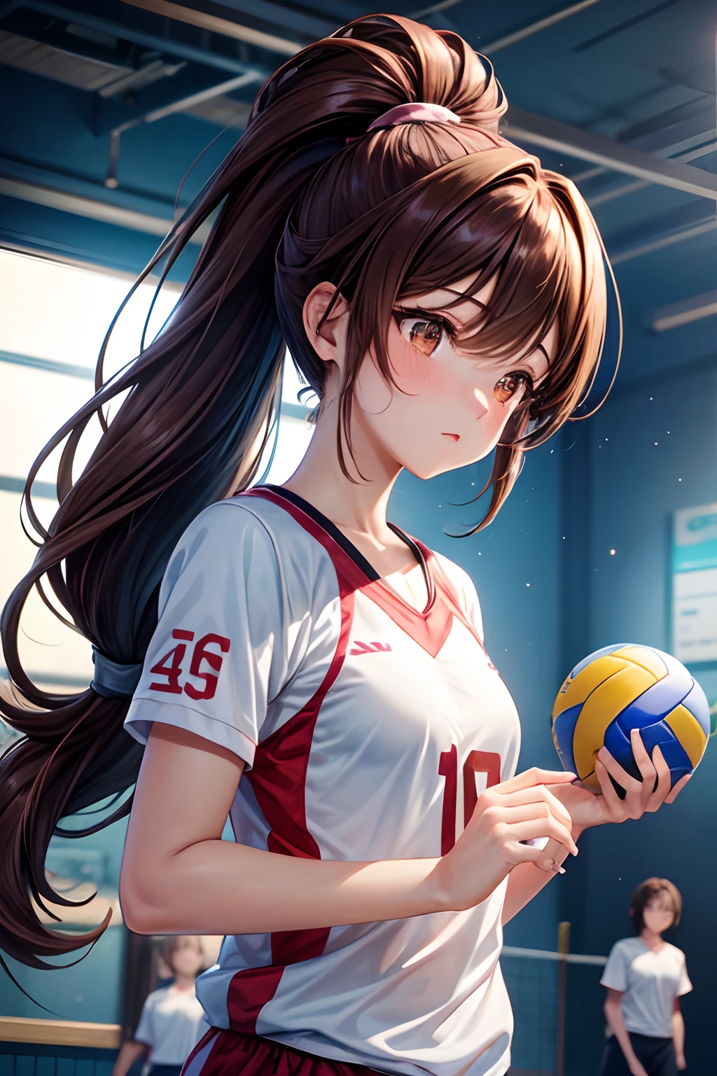 Floating hair, Brown hair, Light blush, Volleyball, During the match, X Hair Ornament, Gymnasium, Night, Short ponytail, Lonely nape hair, Anime, Anime style, 4K, Textured skin, Super Detail, Best Quality, awardwinning