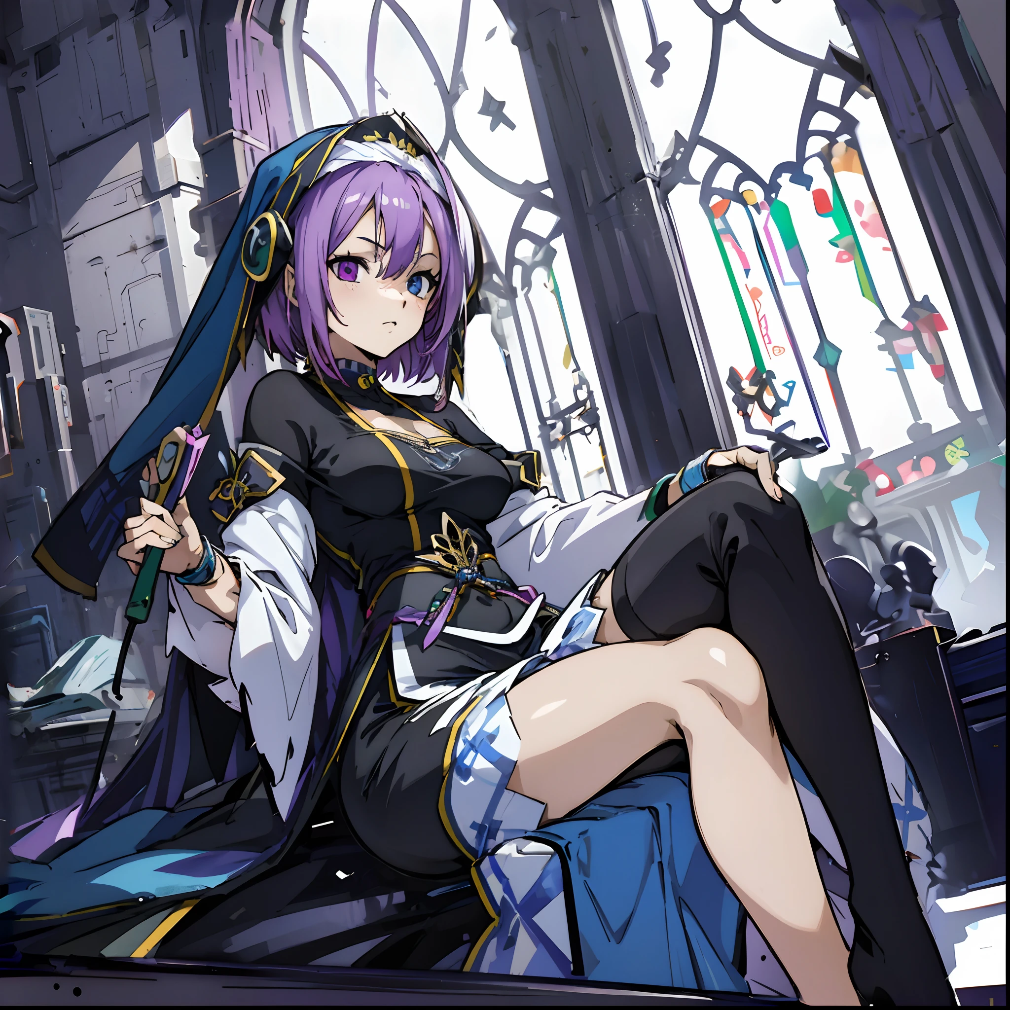 Masterpiece, Best quality, Ultra-detailed, Off-the-shoulder attire, Colorful,take up close, Hyper-detailing,purple color hair, reo mikage, bluelock, no sleeves, camisole, blue camisole, cheongsam, sexy breasts, thights, choker, arm cover, scar, big breasts, 1girl, Solo, sharpy face, heterochromia, green eyes, purple eyes, Bare neck