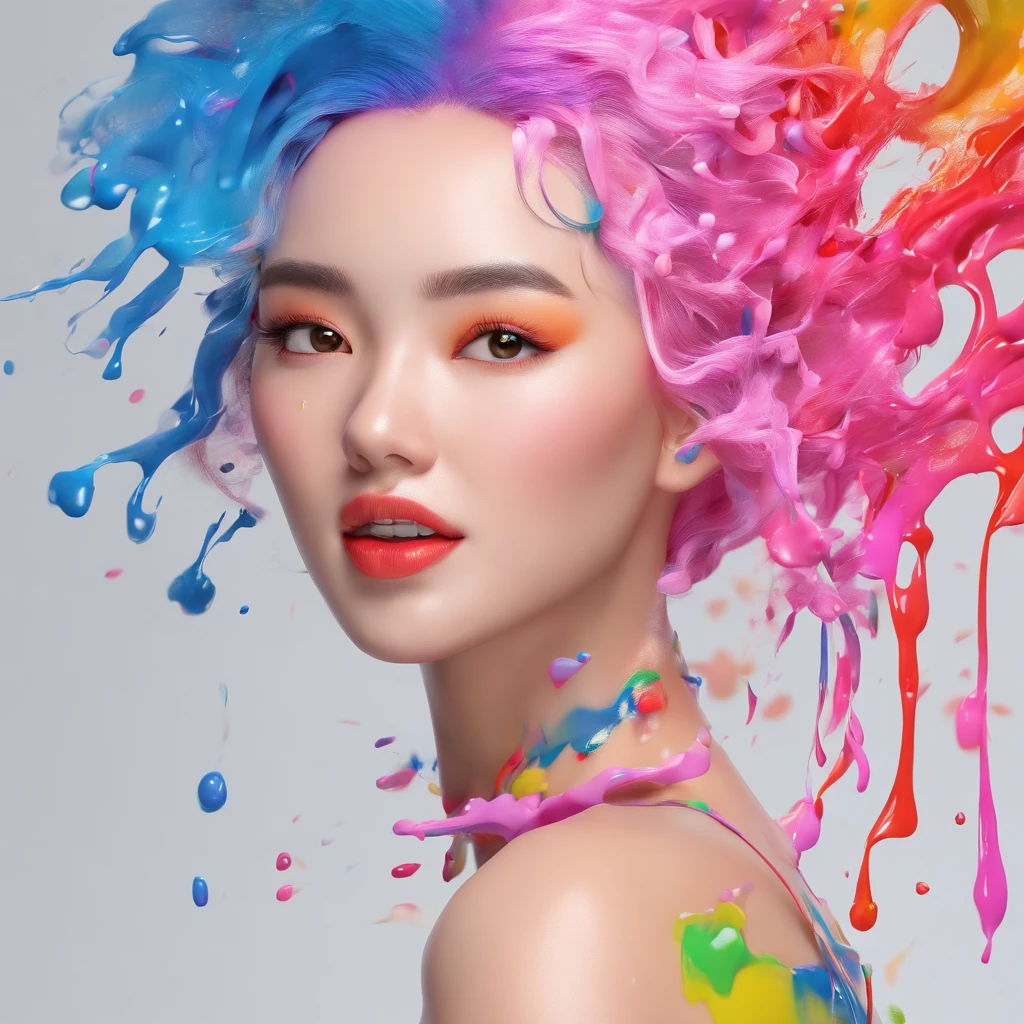(masterpiece, Highest quality, High resolution), White Background, ((Paint splashes, Color Splash, Ink splash, Color Splash)), Kind Chinese girl, Rainbow Hair, Pink Lips, front, Upper Body