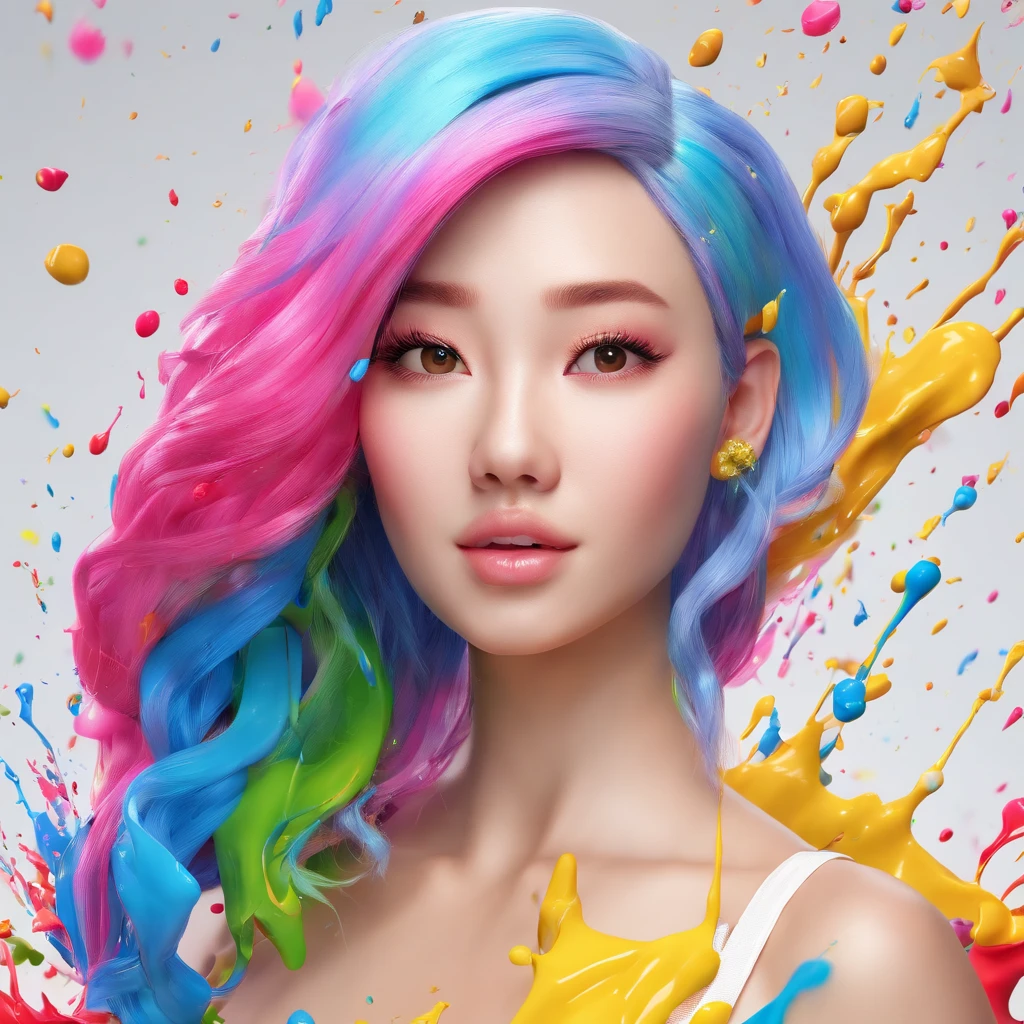 (Masterpiece, Best Quality, High Resolution), White Background, ((Paint Splash, Color Splash, Splash of Ink, Color Splash)), Sweet Chinese Girl, Rainbow Hair, Pink Lips, Front, Upper Body