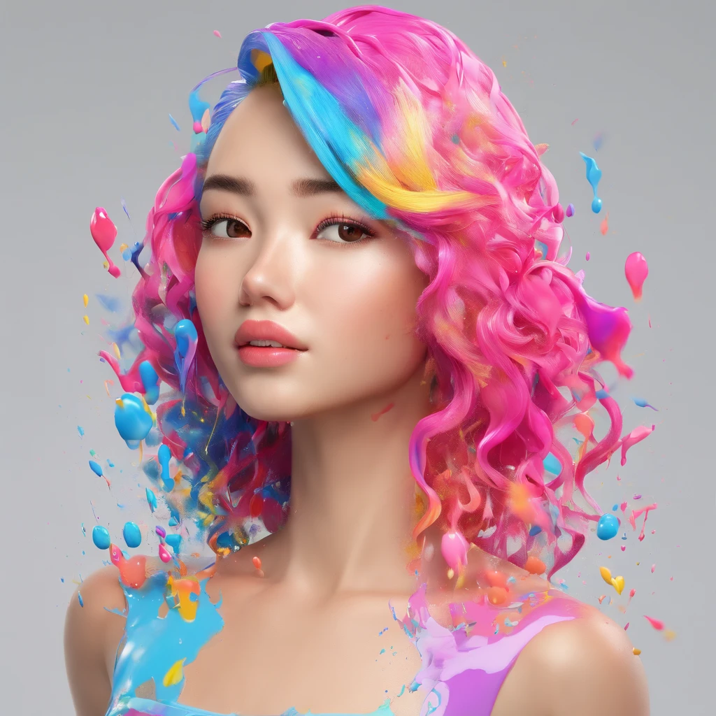 (Masterpiece, Best Quality, High Resolution), White Background, ((Paint Splash, Color Splash, Splash of Ink, Color Splash)), Sweet Chinese Girl, Rainbow Hair, Pink Lips, Front, Upper Body