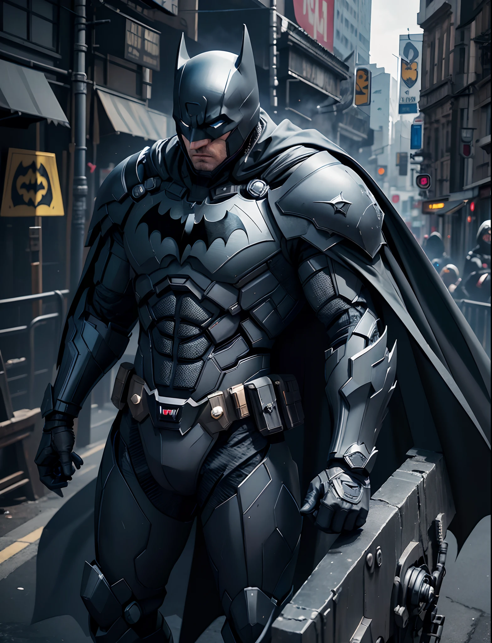 batman in a black suit with blue eyes and a cape, batman mecha, dark supervillain, marvel concept art, clothed in stealth armor, epic sci-fi character art, style of raymond swanland, epic sci - fi character art, evil knight, by Roman Bezpalkiv, themed like a military poster