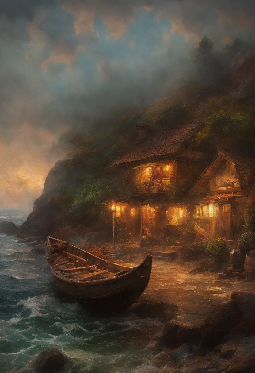 From an early age，Thomas fell in love with the sea and wood。Whenever he is free，He would run to the beach，Watch the huge waves lapping against the beach，Feel the power of nature。And whenever he is at home，He would learn carpenter in his father's workshop，Try making small wooden boats and furniture。 Absurd, high resolution,Realist landscape, Invisible light, ethereal glowing, Vivid colors, Phantom effect