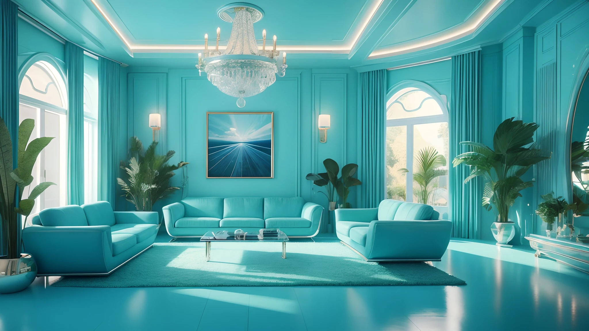 Upscale living room, European，minimal style, Clean and comfortable, There are greenery, The walls are light blue, Interior architecture, Sparkle, Eye level shots, High details, High quality, 8K