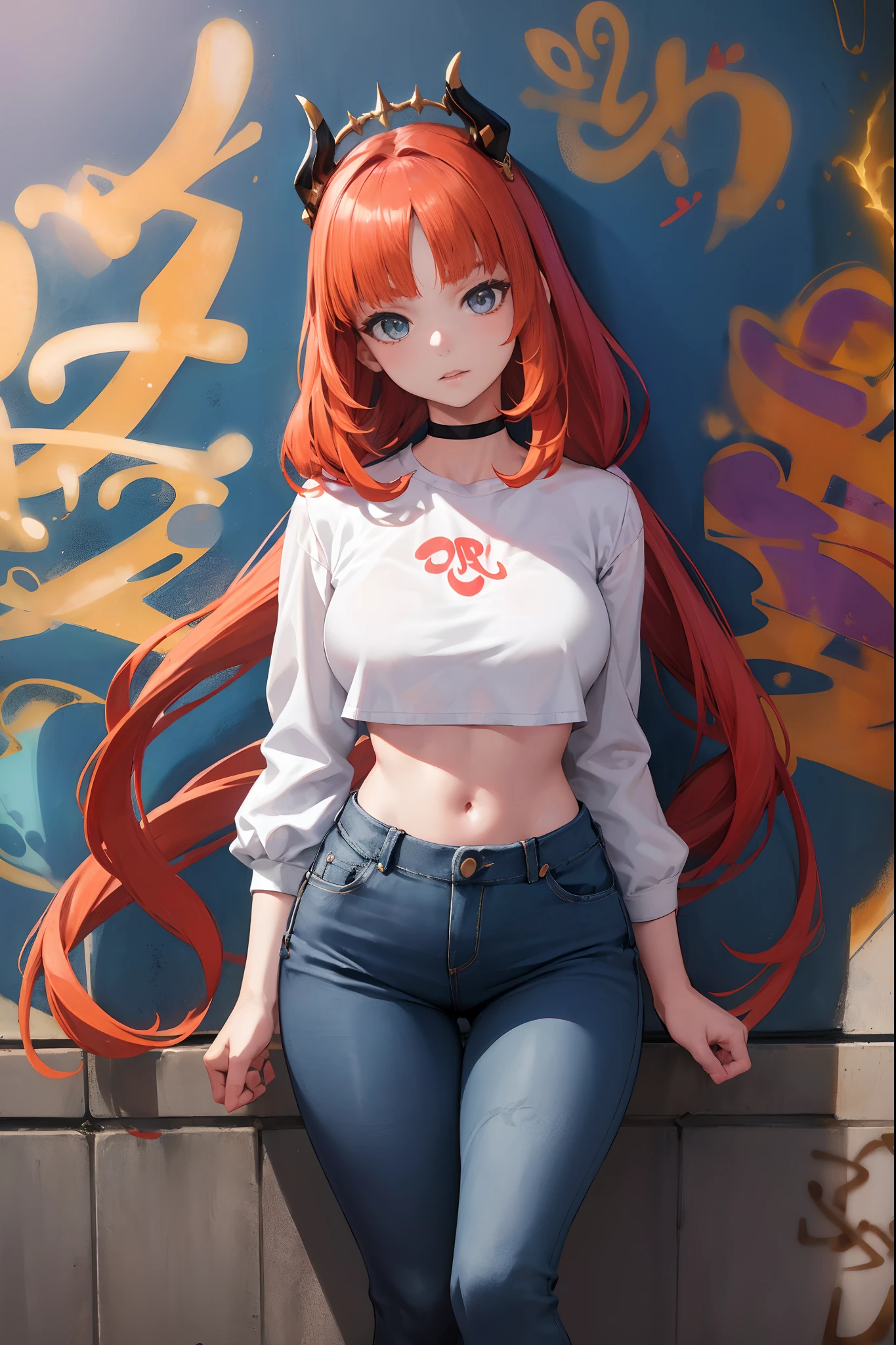 nile|genshin impact, master-piece, bestquality, 1girls,25 years old, proportional body, elongated legs, Beautiful, proportional., crop top, Long Jeans, mediuml breasts, ,bara, crop top, choker, (Graffiti:1.5), Splash with purple lightning pattern., arm behind back, against wall, View viewers from the front., Thigh strap, Head tilt, bored,(NSTDA.:1.2), (10, beste-Qualit, master-piece: 1.4), Beautiful red hair, ultra-high resolution, (lifelike, photorealistic portrait: 1.48), 20 age, Cute Girl, (Looking Through Crop Tops.), Famous Japanese actors, beautiful clear eyes, Head tilt, cowboy shot, from the front, looking at the audience, expressionless, Beautiful lake, Zeiss 150mm F/ 2.8 Hasselblad, Whole body, foot, Ultra-Wide Angle,