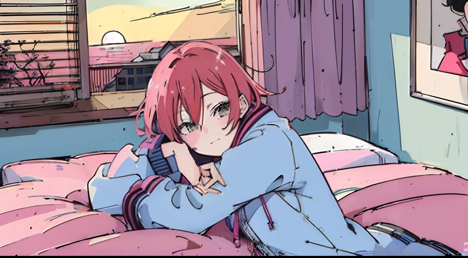 (masutepiece:1.5, Best Quality:1.5), ((Vaporwave Style, Partially colored)), close-up, From above, angle, (((vanilla))),
1girll, Solo, Cute smile, Being in the room, The doll is a mess, decadent life,
Lie down in bed, Sunset outside the window, Street outside the window, Sunset outside the window,