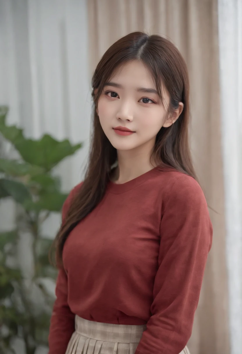top-quality, Photorealsitic, masterpiece, 8K, Hi-Res, 独奏, 1girl, (((infp young woman))),sixteen years old、full bodyesbian、(small tits), ((Look at viewers)), (look at a camera), ((Various hairstyles close to long))、Perfect straight black hair、With bangs、 (profetional lighting), Highly detailed bright face、Gentle Japan girl、Nice smiling face、Red T-shirt(long-sleeve)、Checked pleated skirt、Standing in the room