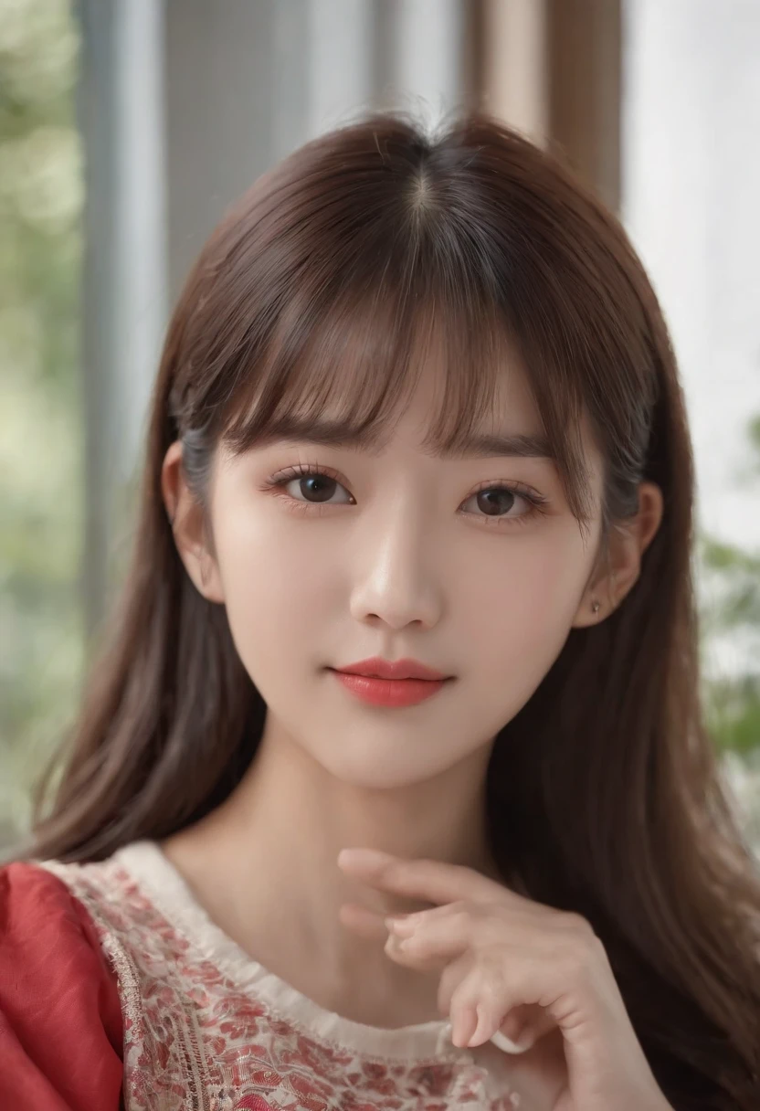 top-quality, Photorealsitic, ​masterpiece, 8K, Hi-Res, 独奏, 1girl, (((infp young woman))),sixteen years old、full bodyesbian、(small tits), ((Look at viewers)), (look at a camera), ((Various hairstyles close to long)）、Perfect straight black hair、With bangs、 (profetional lighting), Highly detailed bright face、Gentle Japan girl、Nice smiling face、Red T-shirt（long-sleeve）、Checked pleated skirt、Standing in the room