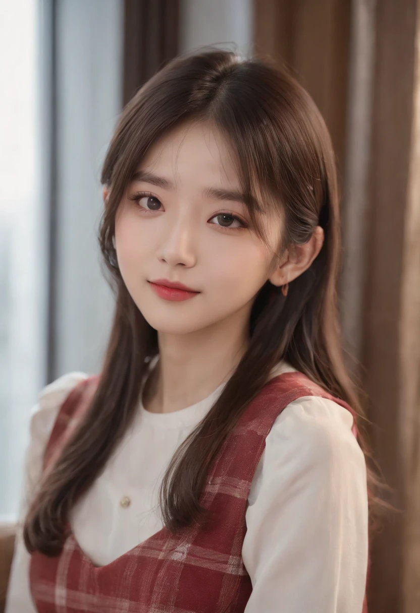 top-quality, Photorealsitic, masterpiece, 8K, Hi-Res, 独奏, 1girl, (((infp young woman))),sixteen years old、full bodyesbian、(small tits), ((Look at viewers)), (look at a camera), ((Various hairstyles close to long))、Perfect straight black hair、With bangs、 (profetional lighting), Highly detailed bright face、Gentle Japan girl、Nice smiling face、Red T-shirt(long-sleeve)、Checked pleated skirt、Standing in the room