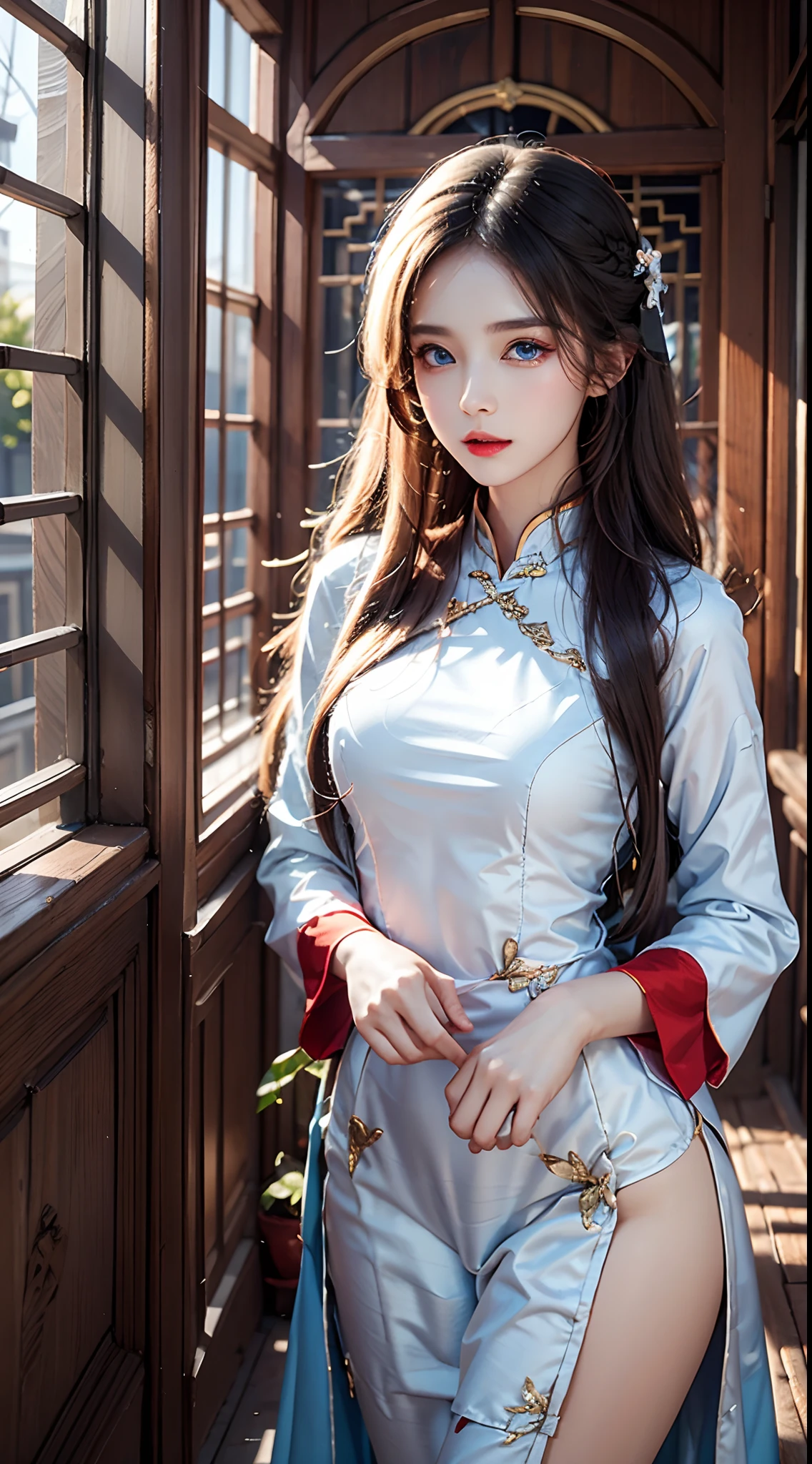 photorealistic, high resolution, soft lights, 1women, solo, hips up, (blue eyes, long hair), vietnamese traditional, white aodai