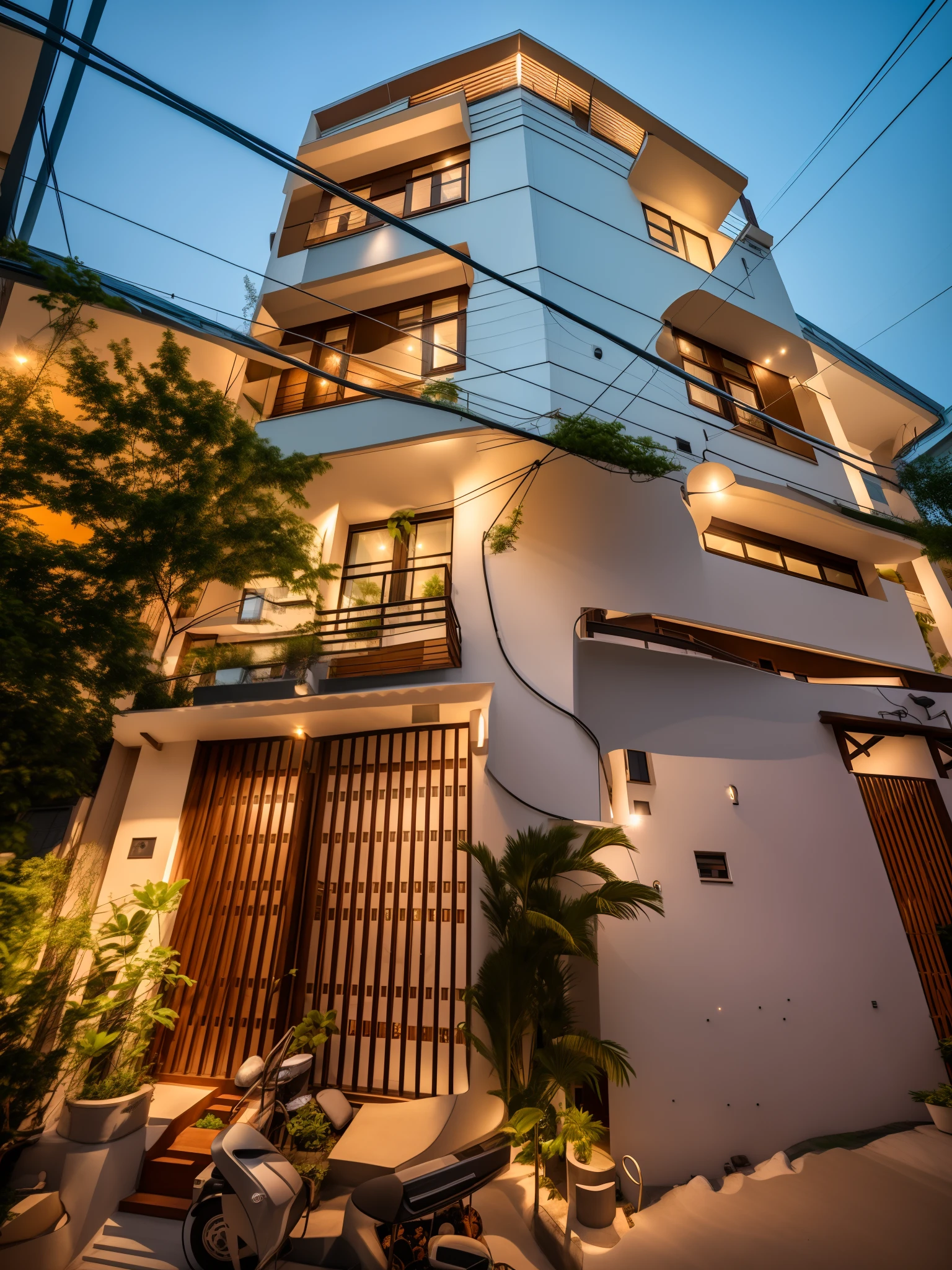 (Townhouse in city ,close houses and trees), daylight ( best quality) ((high solution)) ,(( photo realistic)) ,warm light, (sharp focus) front view of townhouse in style of modern,small house, Narrow area,VietNam,facade, curved arch,beautiful facade,curved windown,narrow and long ,two-storey,mutual colours, soft lighting, warm atmosphere,high Resolution, hyper detailed,4k ,vray render, octane render, hyper realistic, photography expert ,exterior design , professional photography, exterior photography,wide-angle shot , ultra detail , high Resolution , full frame, full body