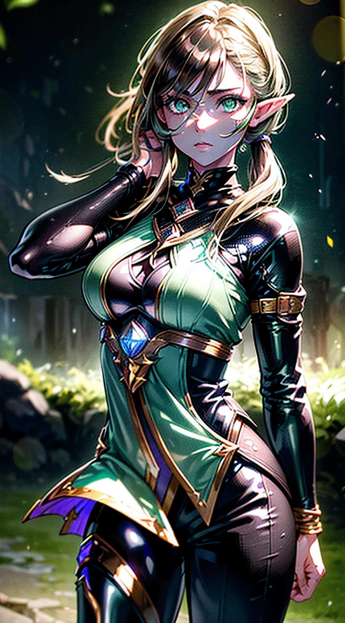 (best quality,4k,highres),(realistic:1.37),ultra-detailed,fantasy,portraits,medieval setting,fullybody,1 woman,beautiful green eyes,longeyelashes,elven facial features,brown hair,2 pigtails,black leather pants,dark green tunic,brown leather armor,leather bracers,vivid colors,bokeh,soft lighting