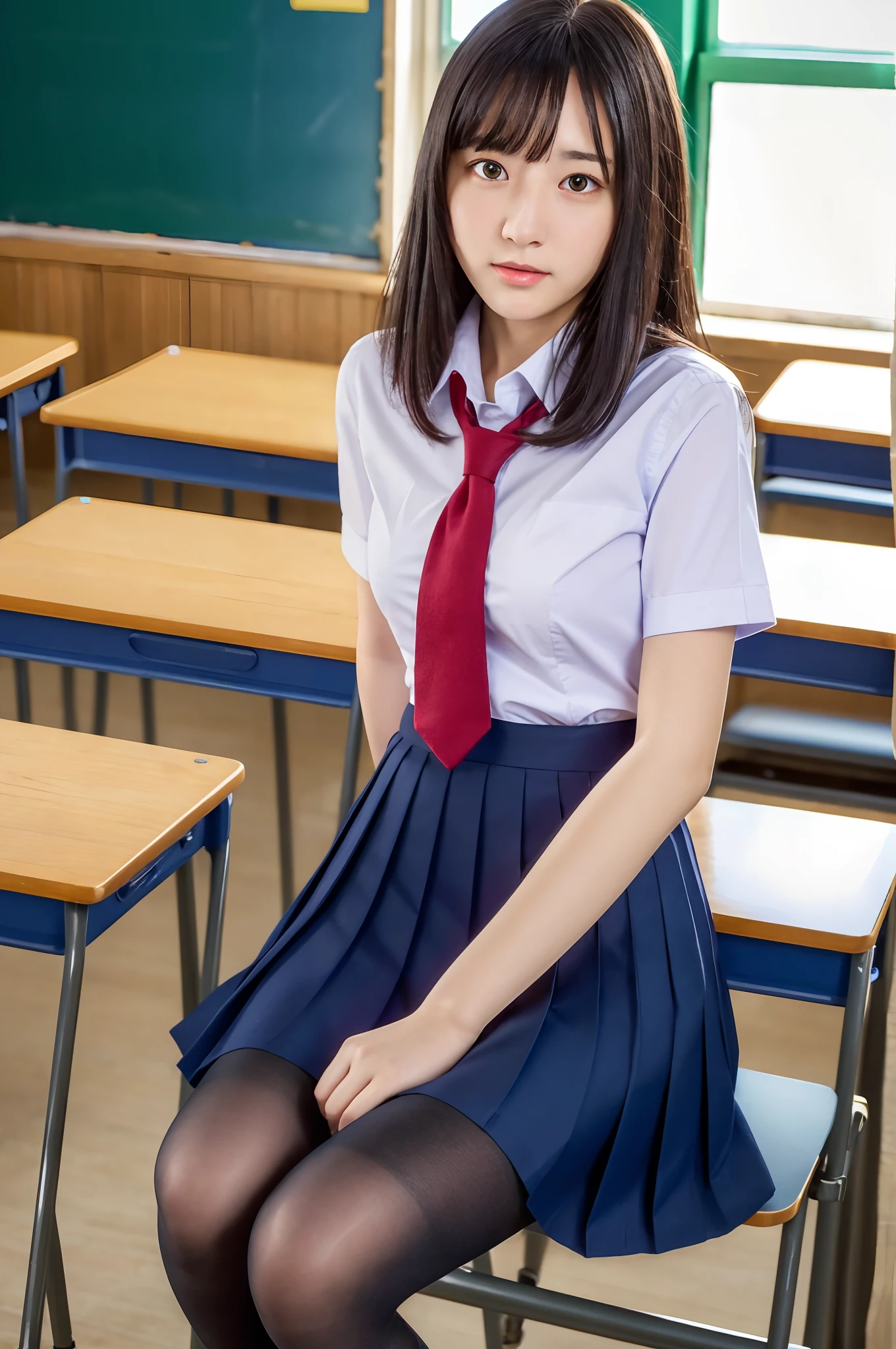 a beauty girl　Young features　toppless　 are visible 　Wearing a school uniform　Studying　Legs spread wide　Holding a pencil　Kamimei