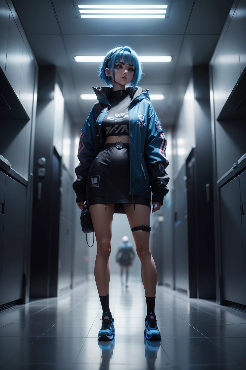 a AI influencer girl with neonblue hair, standing in a digital hall, artstation, depth of field, 4k, masterpiece