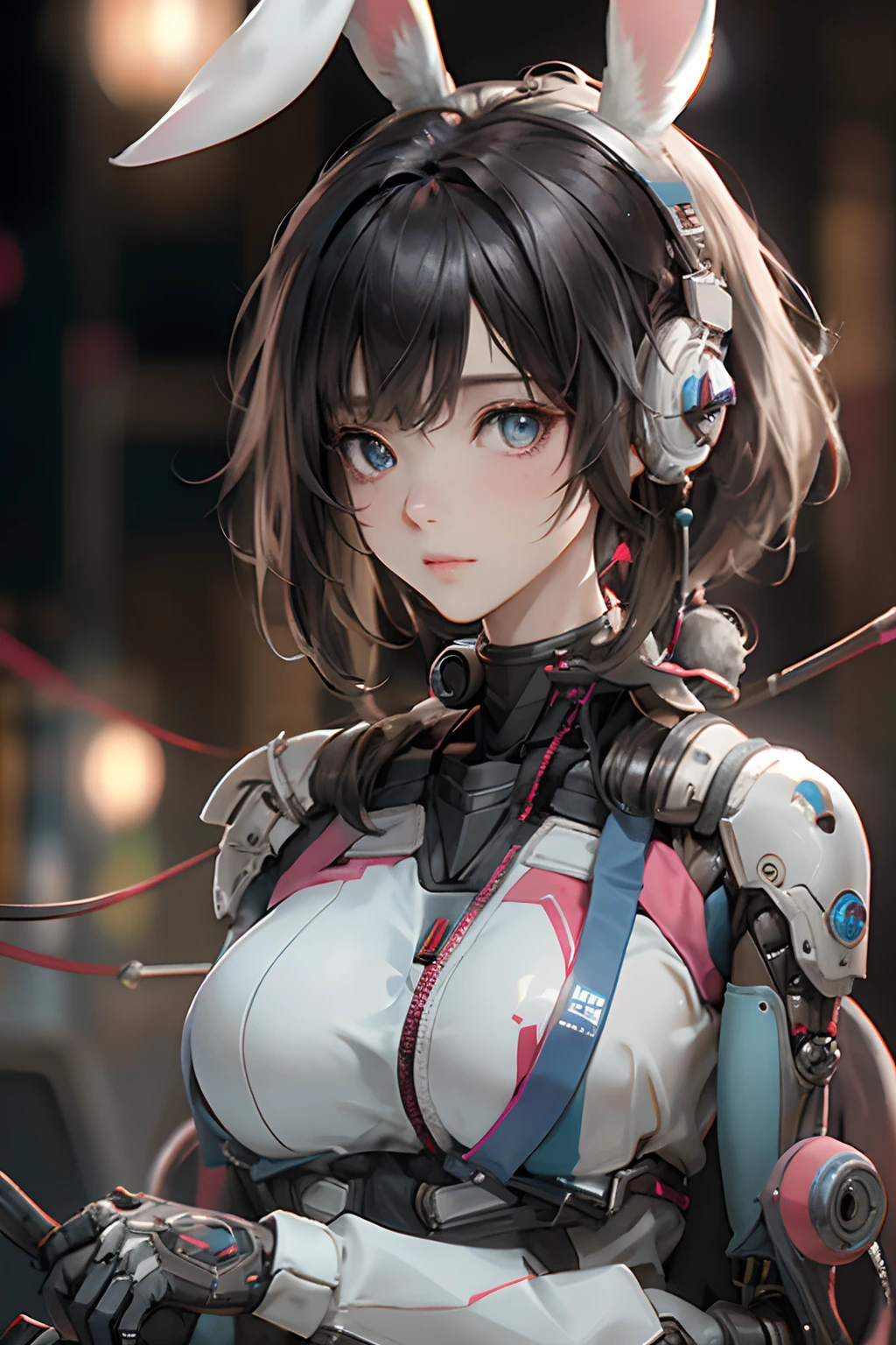 ((beste-Qualit)),Fille cyborg dans le style cyborg,cheveux gris,Coiffure longue queue de cheval,Wear headphones in the shape of rabbit ears and a gas mask,The gas mask has a green light on the surface,dressed in a white suit,There are long strips of pink light on clothes,yeux roses,(Gant noir)gros seins, generous breast, The left hand is a mechanical prosthesis,The main body is connected by wires and pipes, ((tmasterpiece)), (The detail:1.4), 3d, A beautiful cyberpunk female image,Hdr(HighDynamicRange),Ray tracing,NVIDIA RTX,Super-Resolution,Unreal 5,Diffusion souterraine、PBR Texture、post-traitement、Anisotropy filtering、profondeur de champs、Maximum definition and sharpness、Multi-channel textures、Albedo e mapas Speculares、Coloration de surface、precise simulation of light-material interactions、proportions parfaites、Rendu octane、two-color light、grande ouverture、ISO faible、Balance des blancs、the rule of thirds、8K RAW、