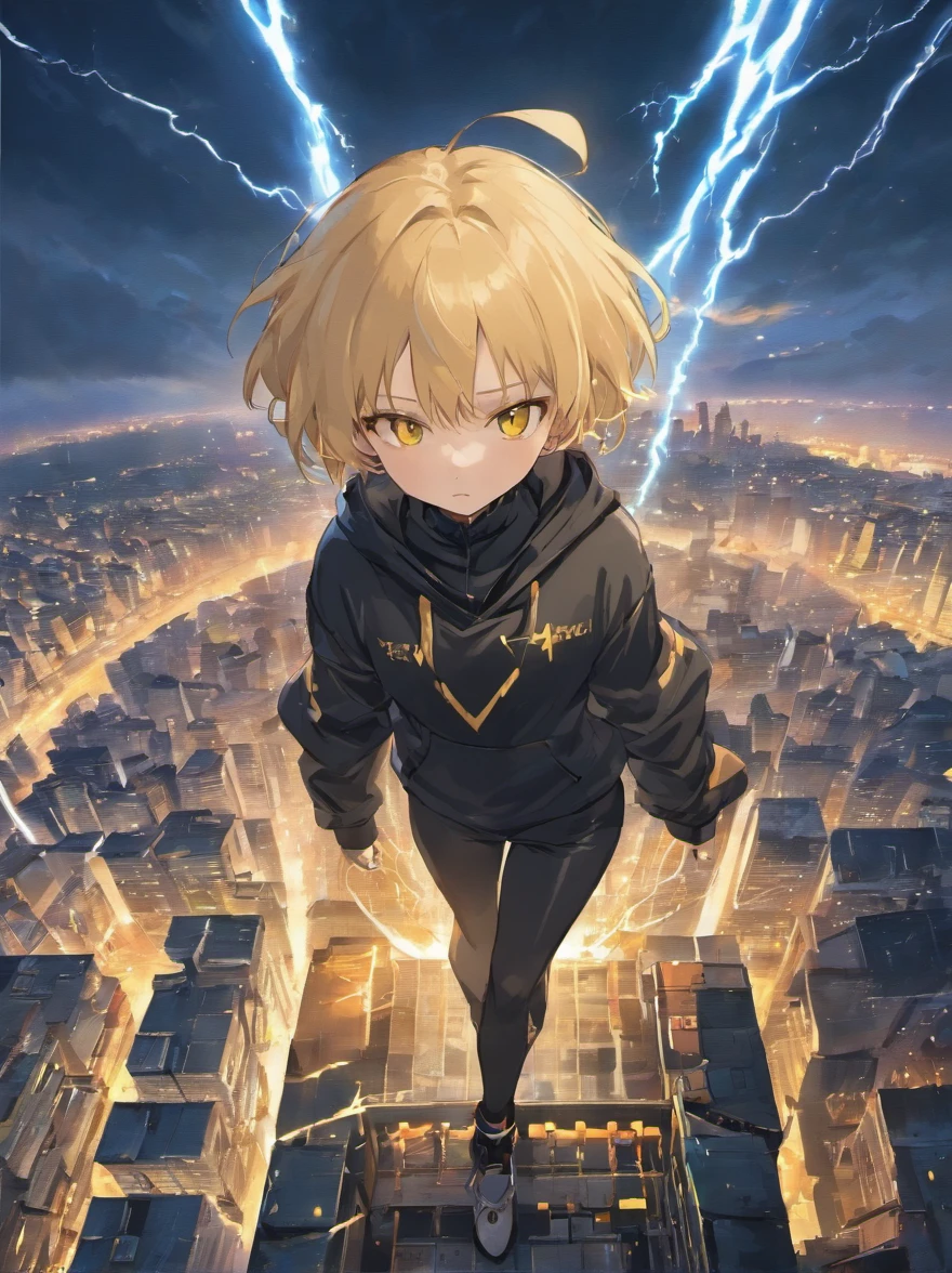 1girl, blonde, short hair, yellow eyes, long pants, black hoodie, using lightning magic, on top of the building