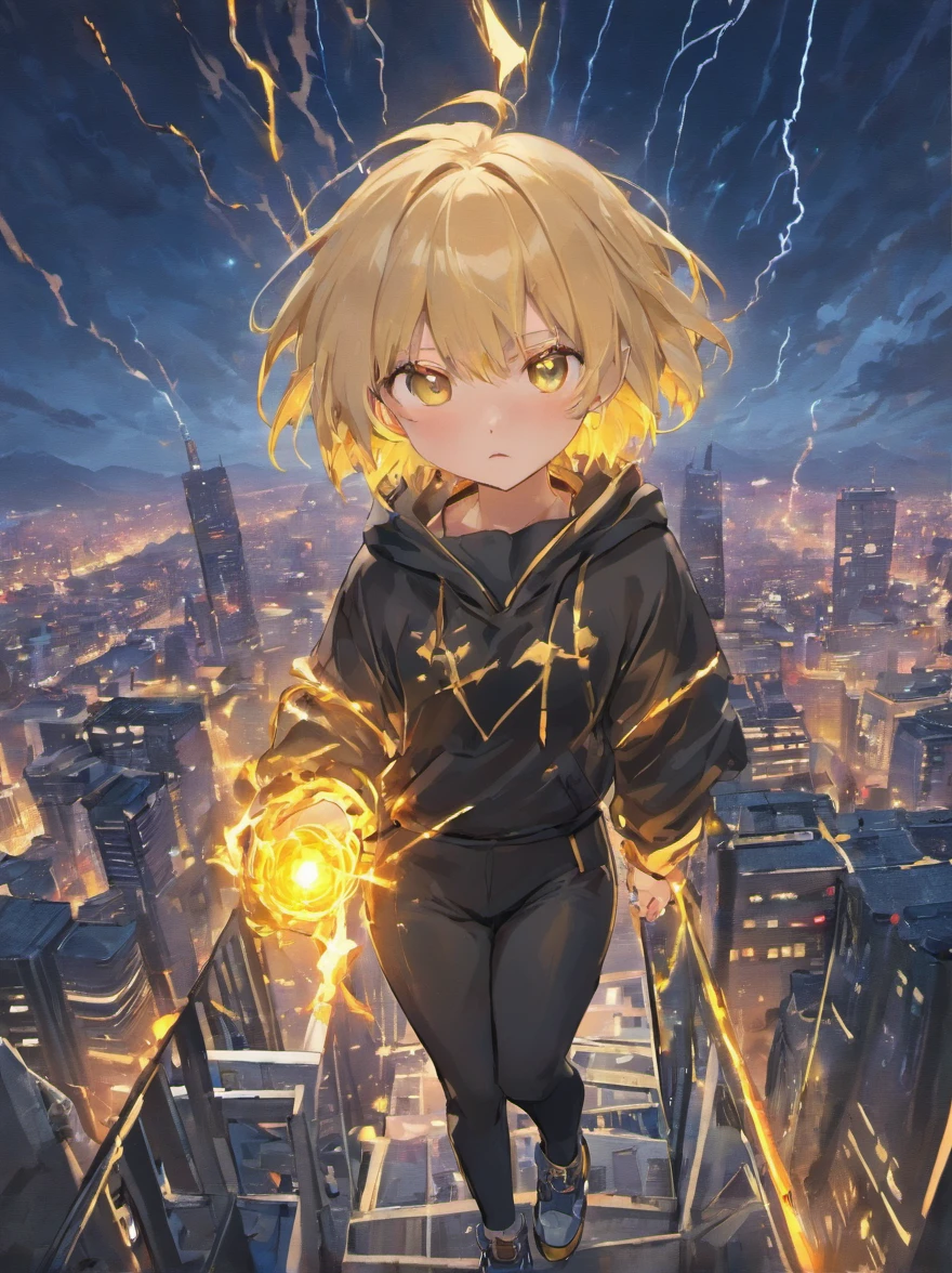 1girl, blonde, short hair, yellow eyes, long pants, black hoodie, using lightning magic, on top of the building