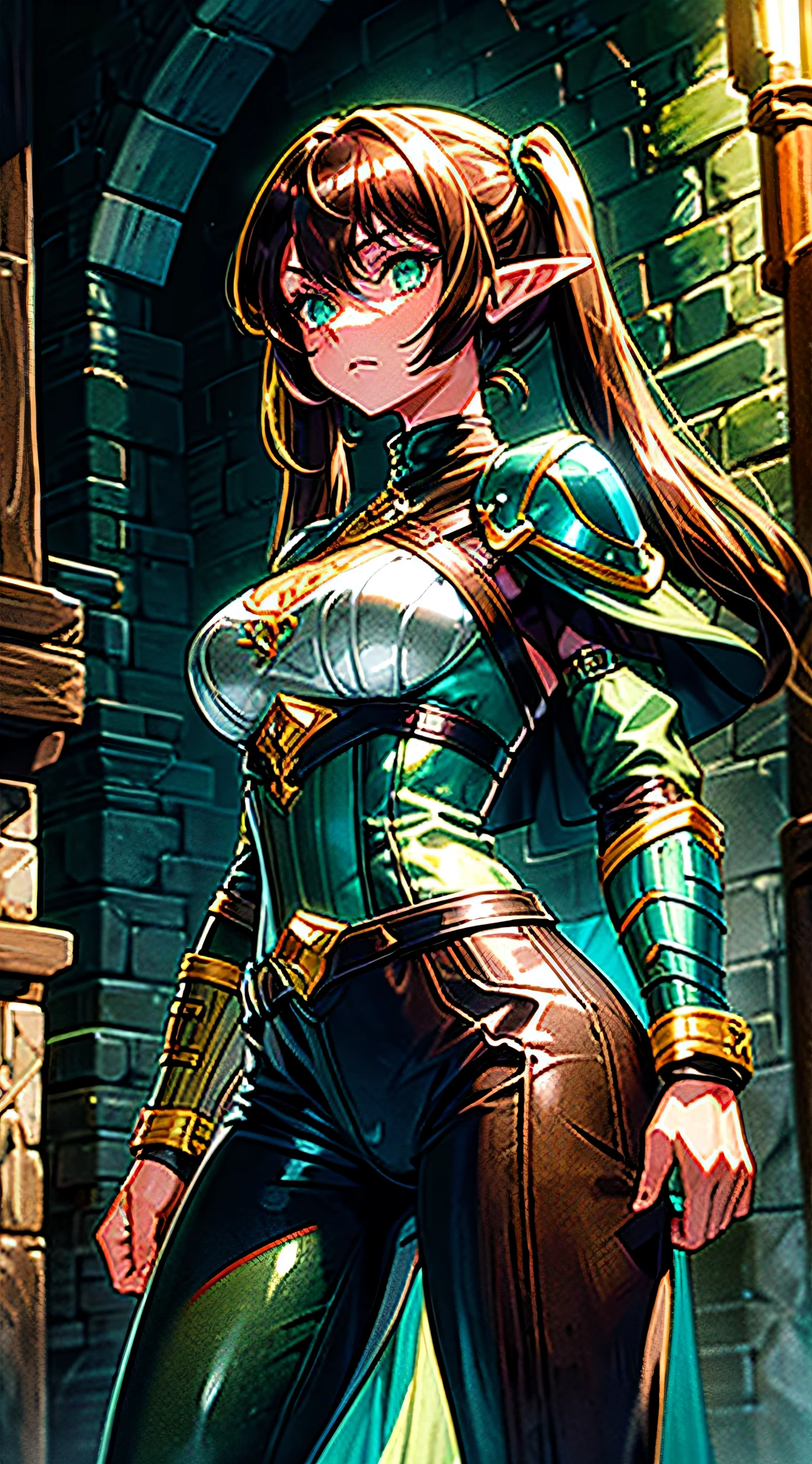 medieval setting,fullybody,1 woman, beautiful green eyes, elven facial features, brown hair, 2 pigtails, black leather pants, dark green tunic, brown leather armor, leather bracers