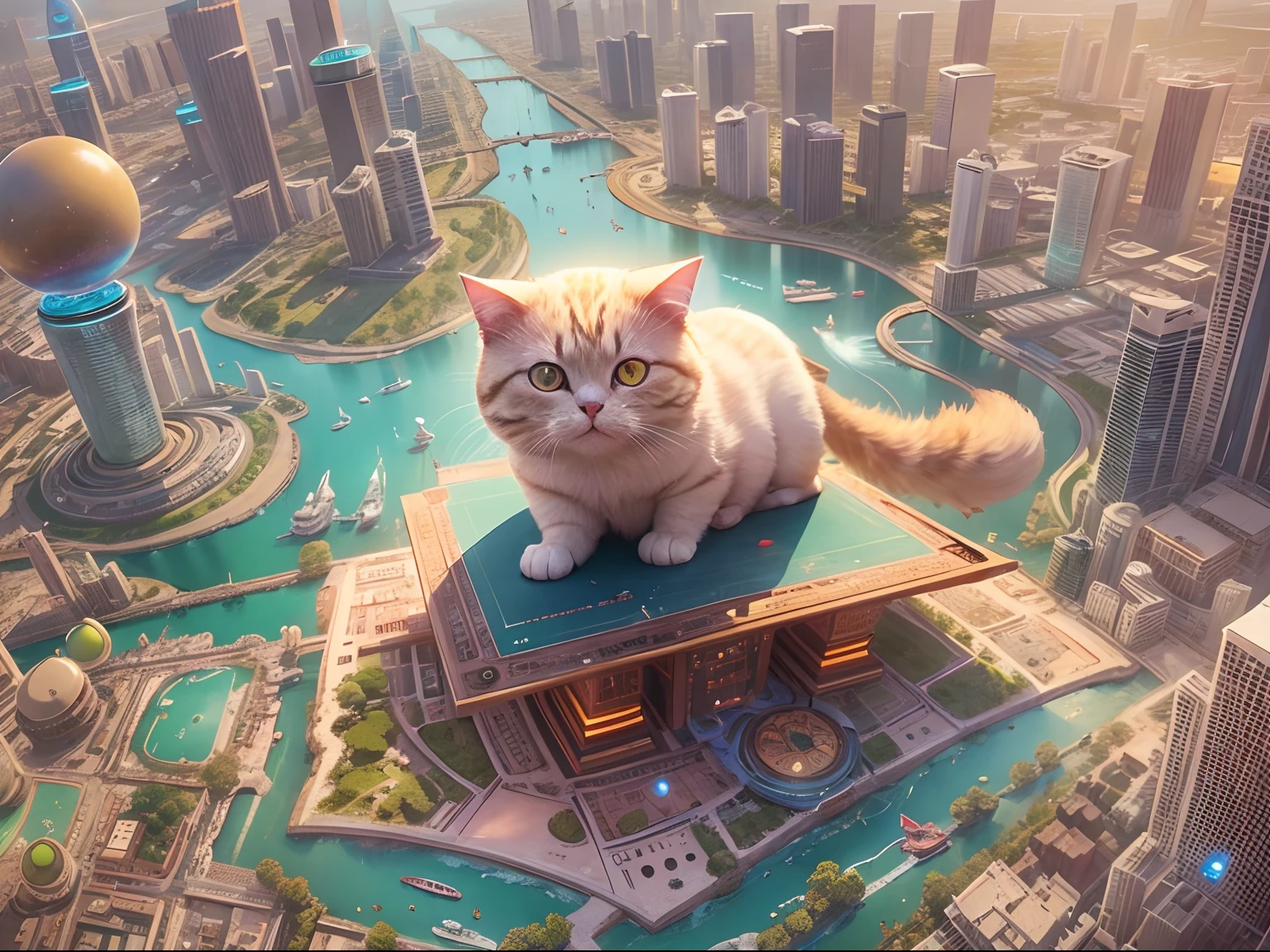 1 round-eyed adorable cat, Being in the air, Sit on a colorful magic carpet ,viewed from bird's-eye, The background is the city of the future, Science fiction world.