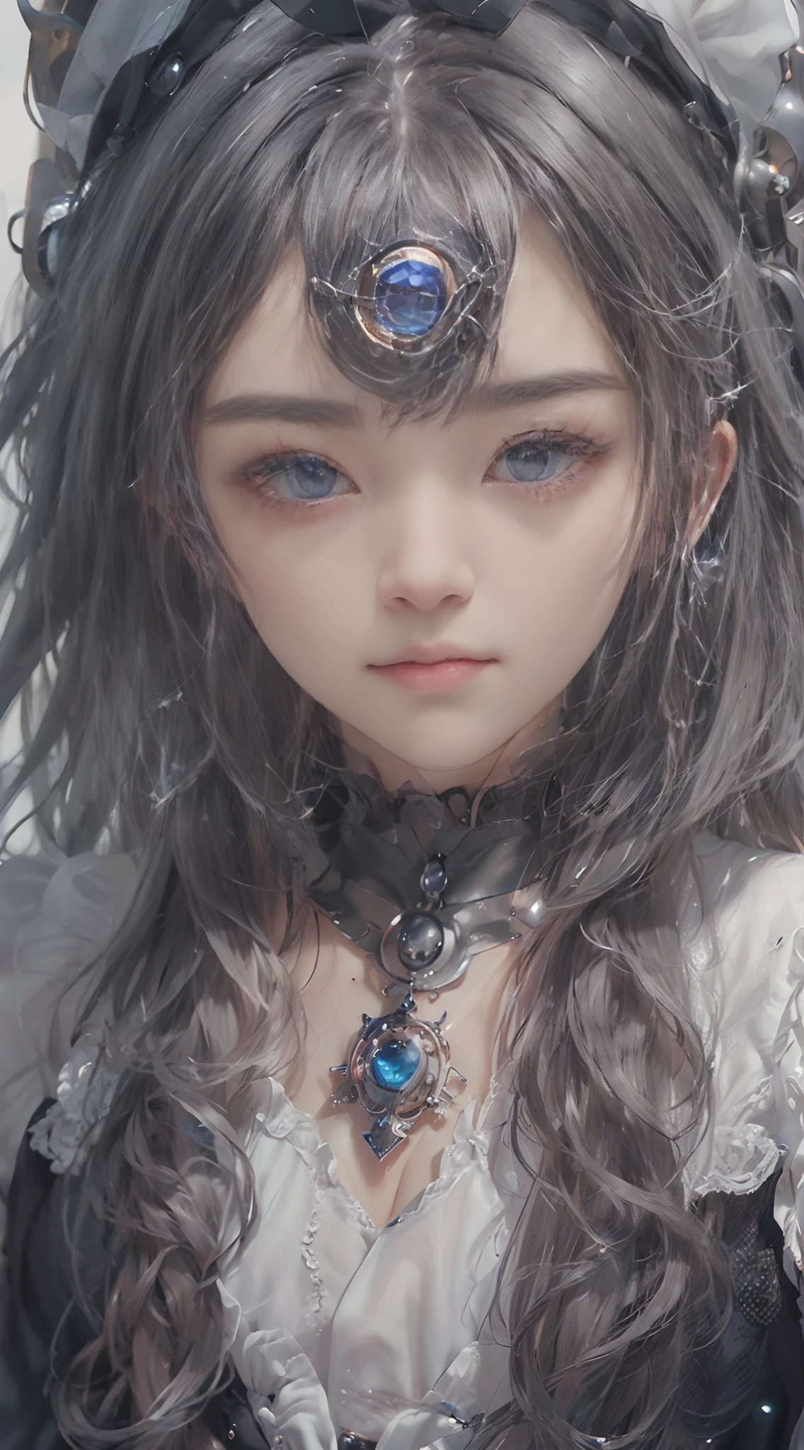(((Masterpiece, Top quality, Ultra-detailed))), (((1 Infinite Mage Girl))), , (((Very detailed face))), Small nose, Thin lips and small mouth, (((Very keen focus eyes))), Very large slits precise light gray eyes, Sparkle like jewelry. very long eyelashes, Long black hair with black vertical curls, with fringes, ((Steampunk fashion, gothic lolita fashion))