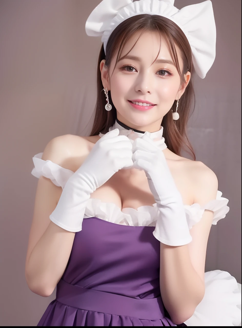 Wearing the cutest purple maid in the world,Z Cup Big,Sculpture model attracts, (1girl in:1.3)、photos realistic、Photorealsitic:1.4 Official art、ultra-detailliert、Beautiful and aesthetic、Beautiful fece、​masterpiece、top-quality、sitted、Spread your legs、Colossal tits、(barechested)、The cutest maid choker in the world、The cutest gloves in the world、Beautiful skin、The cutest earrings in the world、Cute smile、At the cutest café in the world、The cutest gravure idol pose in the world、The most attractive body in the world、Soft Round Large