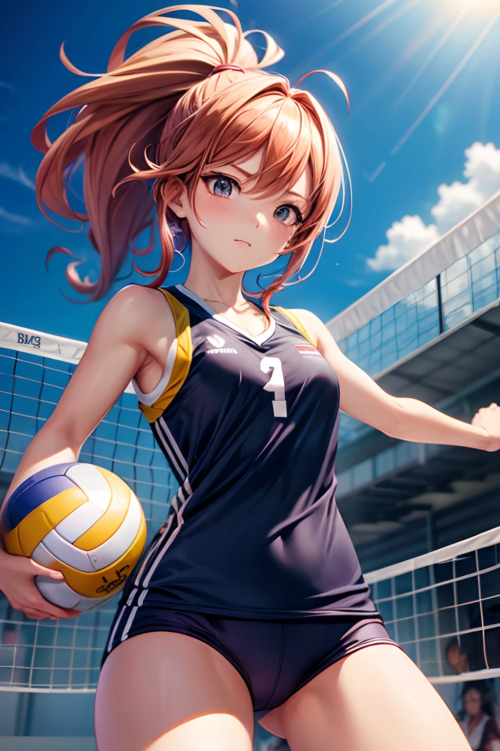 floating hair, volleyball, gymnasium, wariza, anime, anime style, 4K, textured skin, super detail, best quality, award winning