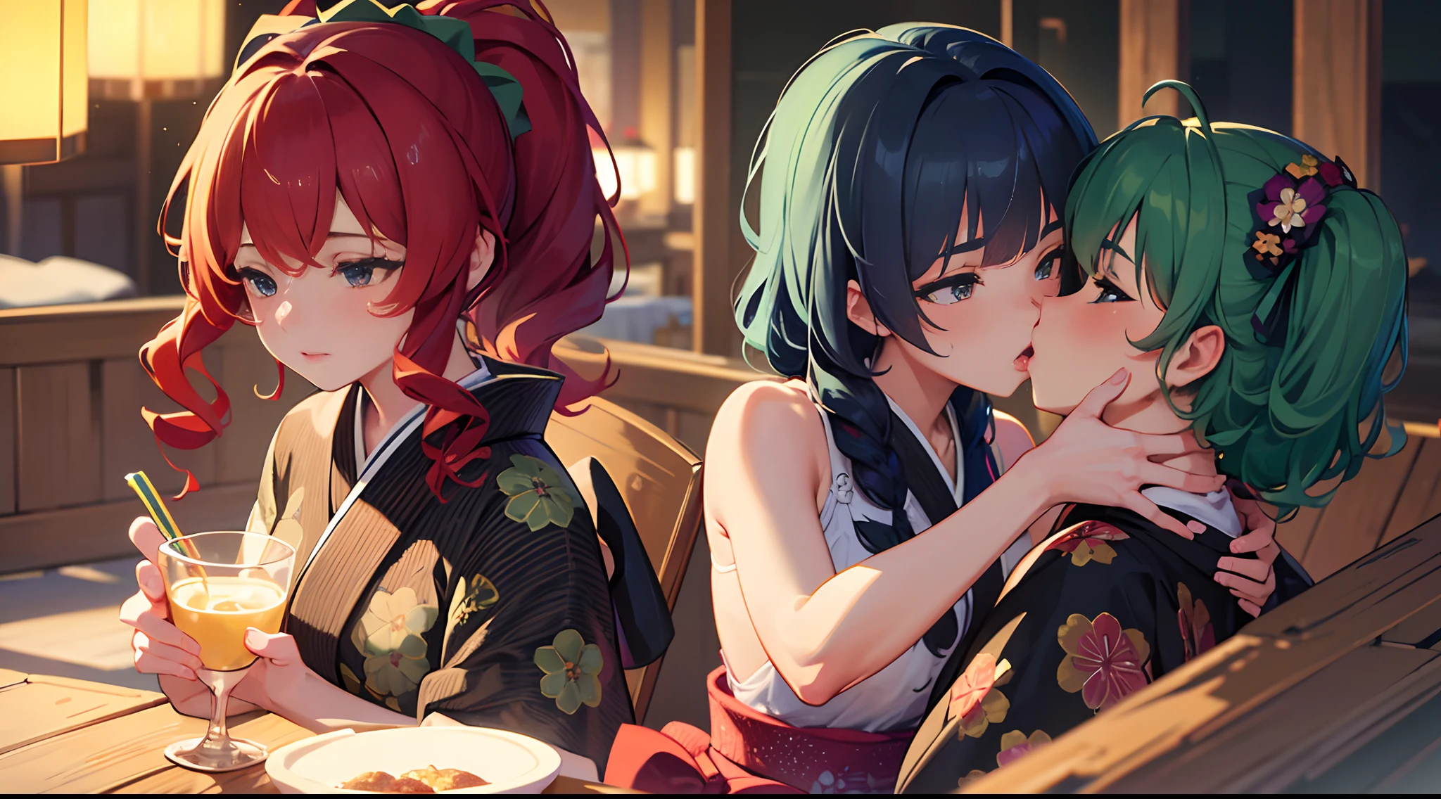 masterpiece, lots of detail, 4k, 8k, ((ultra-detailed)), highres, soft lighting, 2girls, festival, kimono, kissing, {red hair|green hair|black hair|blue hair}, {ponytail|short hair|long hair|curly hair}