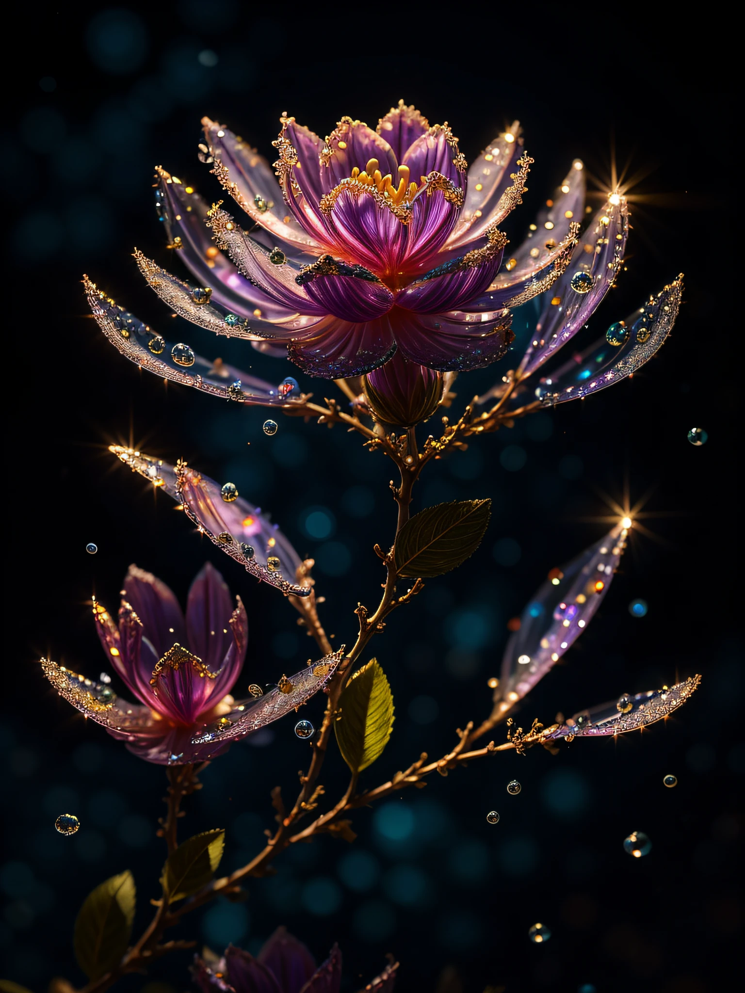 branch of delicate lilac flowers, super transparent, holy light, beautiful spectral light, petals glow, flashing, dark background, drops of transparent light, reflective light, bright, light streaming in, optics, portrait profile, sharp focus, magical, intricate, ultra realistic, fantasy, composition, light, trend on artstation, pearl, patronus cloud of silvery vapor, corrosive enveloping ray family, 8k, ureal ar 23v4 uplight
