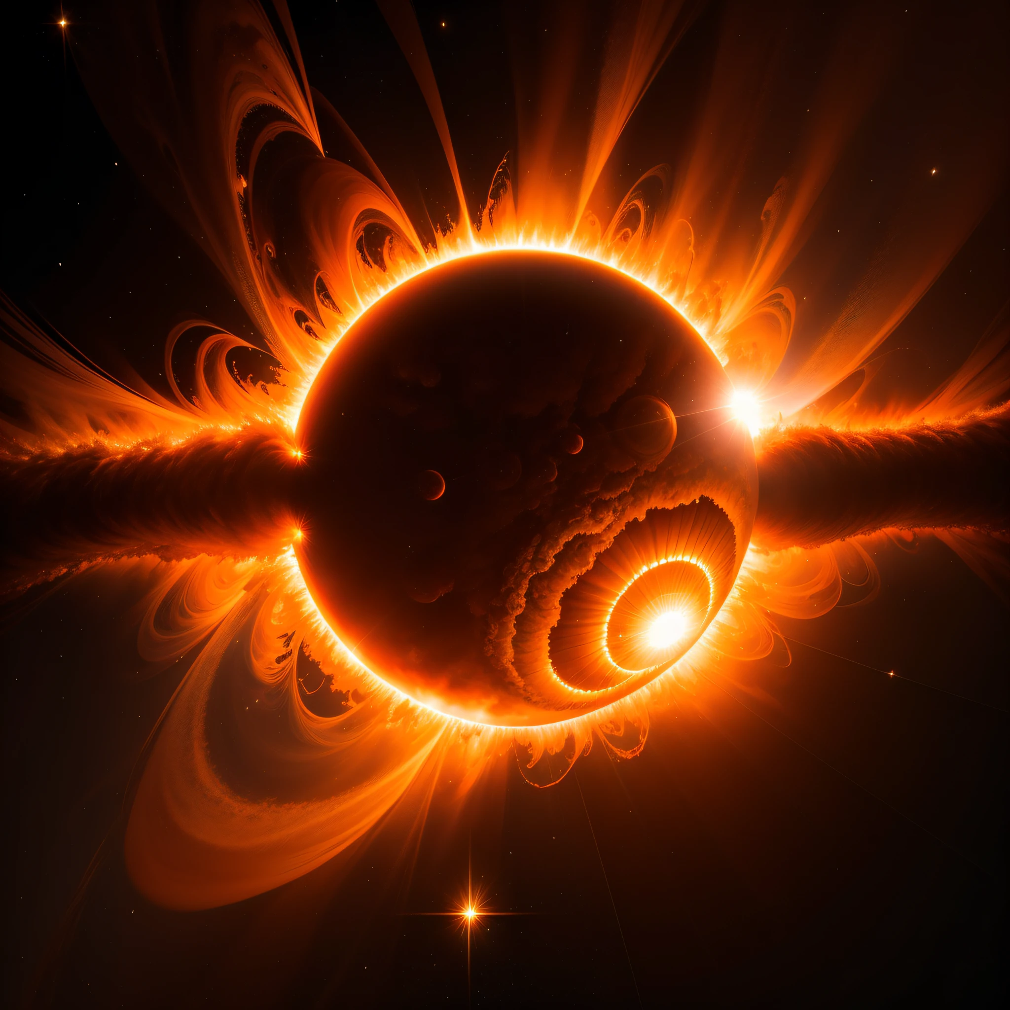 Solar flare explosion, Close to the surface of the huge sun, Particularly clear, Solar corona , Beautiful, spectacular. Spectacular panorama rendered in 3D, realisitic、Photoreal、Solar plasma、Images close to the surface of the Sun