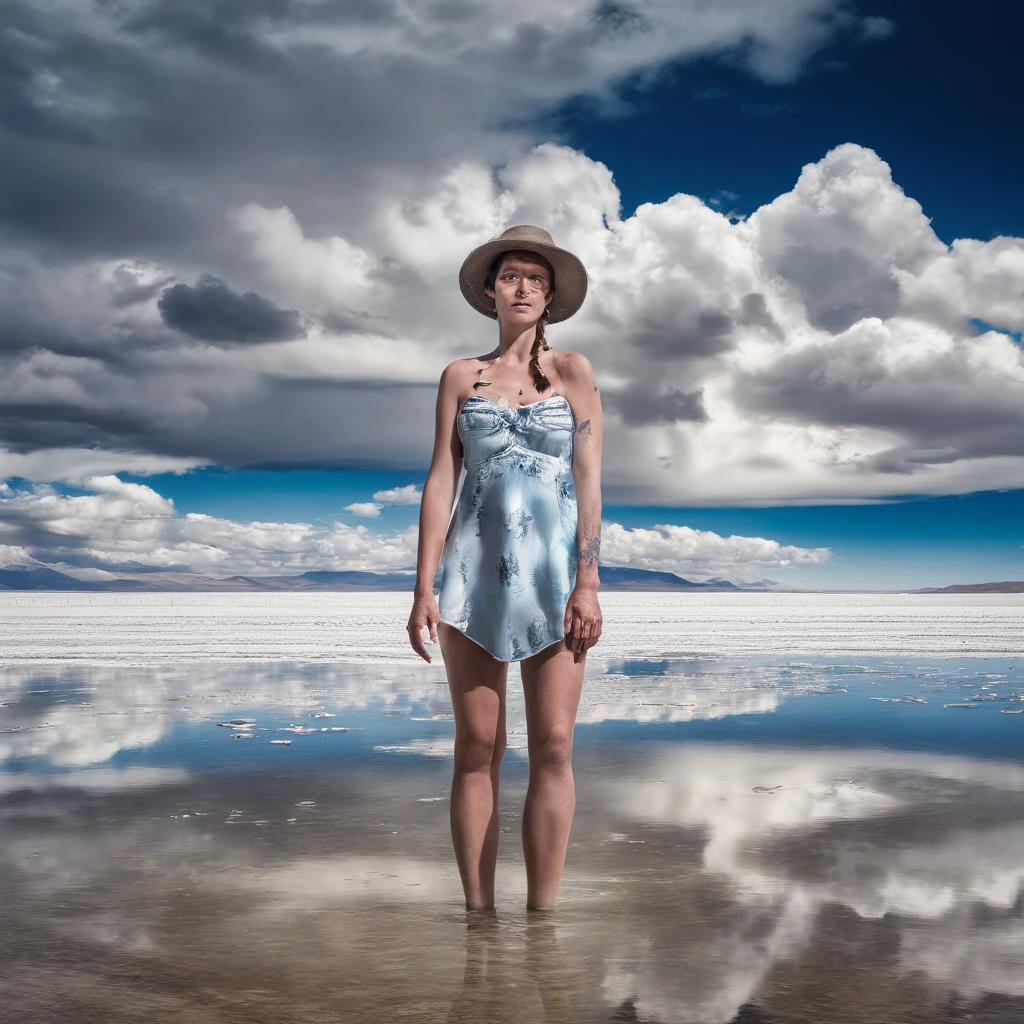 full body shot, stunningly beautiful naked 30 yo girl, blue eyes, choppy haircut hair, fear, turning to the side with a seductive glance, emphasizing facial features and allure, misty lighting, soft, misty light adding an air of mystery and enchantment to the scene, a magical bioluminescent bay, where the water glows with ethereal blue light after dark, dreamlike,...
