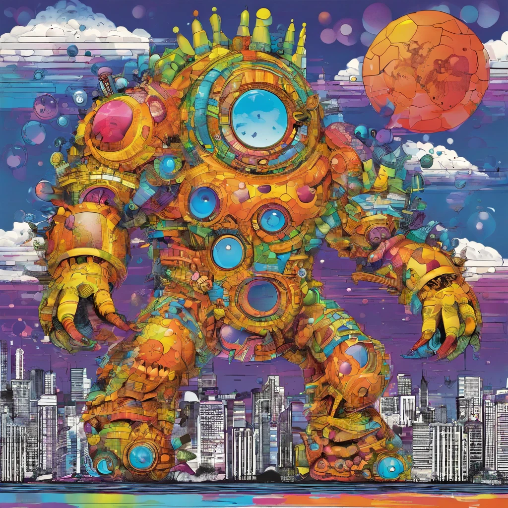D+B Monster, downtown monster that steps on buttons and barfs bubbles , best quality, masterpiece