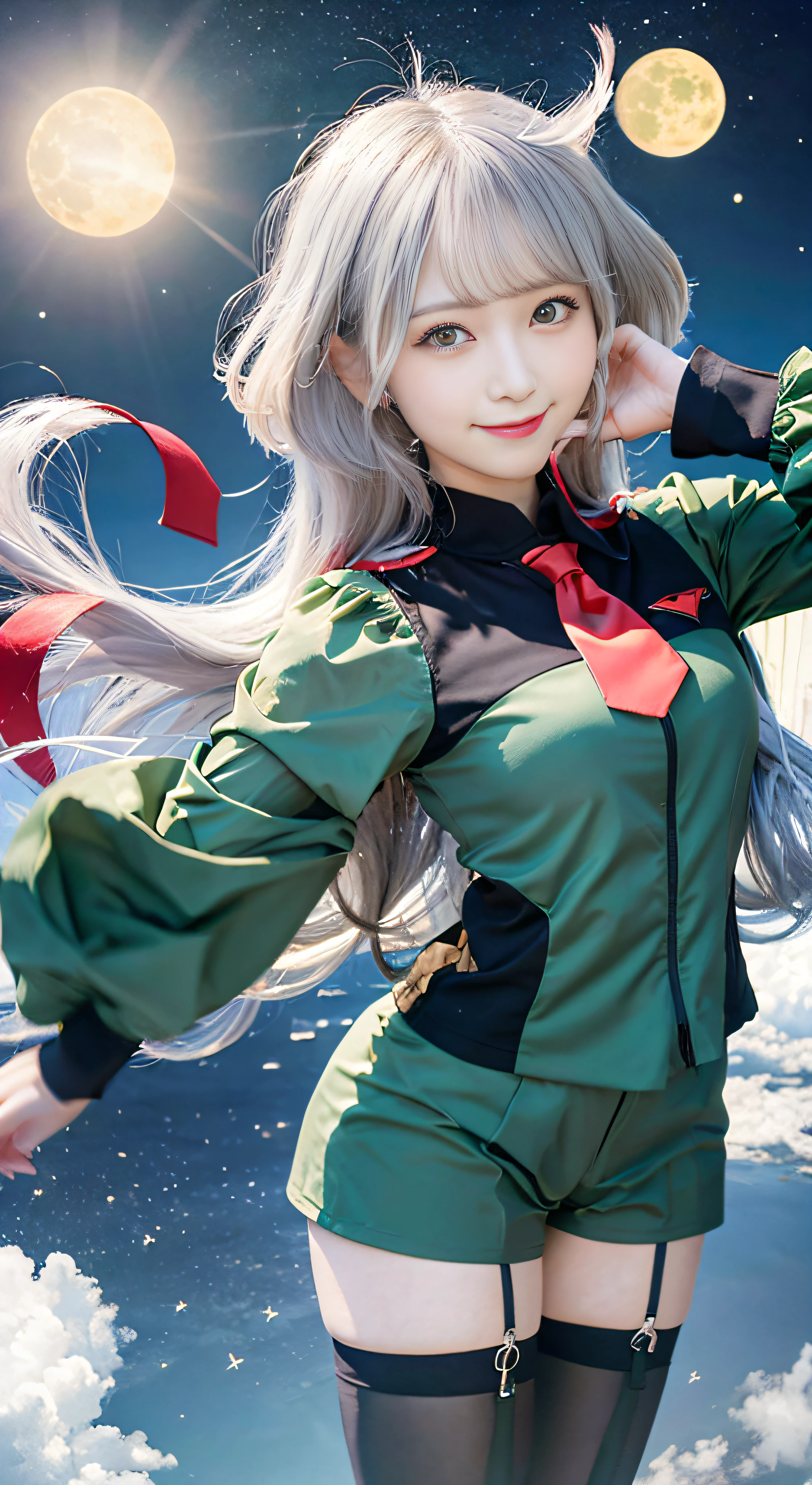 masterpiece、top-quality、Hi-Res、Myolin 1、Myolin Remblanc、Asticasia School Uniform、独奏、length hair、grey eyes、white hair、Ahoge、Legwear with seams、Green shorts、neck tie、bangss、hairs between eyes、Black pantyhose、long-sleeve、Green jacket、Floating hair、red necktie、mideum breasts、The upper part of the body、A smile。clouds、suns、(normal hands:1.4)