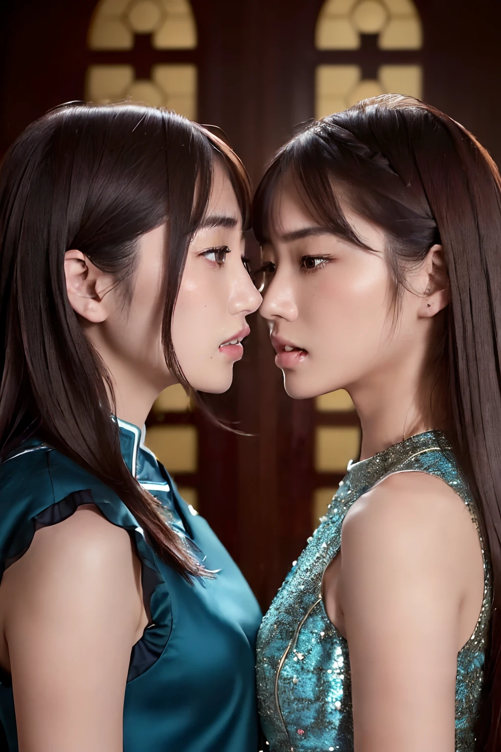 "(Masterpiece:1.2),(Best quality,4K,8K,A high resolution:1.2),(Photorealistic:1.4),(beautiful detailed lighting),(Several beautiful female students in school uniforms looked at each other),(Multiple cute Chinese girls),((Living room luxury villa)),((Two groups of girls lined up face to face)),((There are multiple people in two rows)),((Fully symmetrical composition)),(((Mutual anger and hostility,Mutual anger and hostility,Mutual anger and hostility))),(Look at each other),There are many people in the background,There are many people in the background,There are many people in the background,{The two sides face each other}